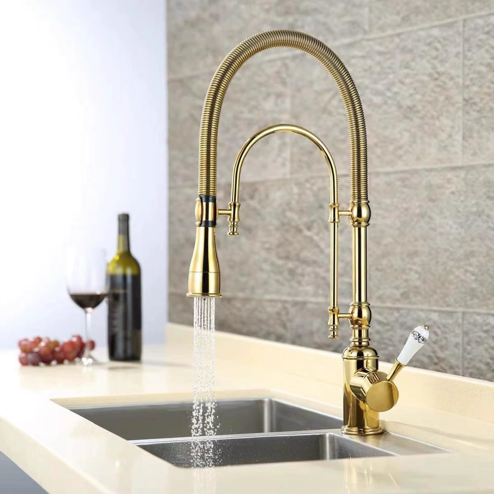 ZYCHSJXA Kitchen Tap Spring Removable Sprayer Hot and Cold Water 360° Rotation Flexible Spout Brass-Gold