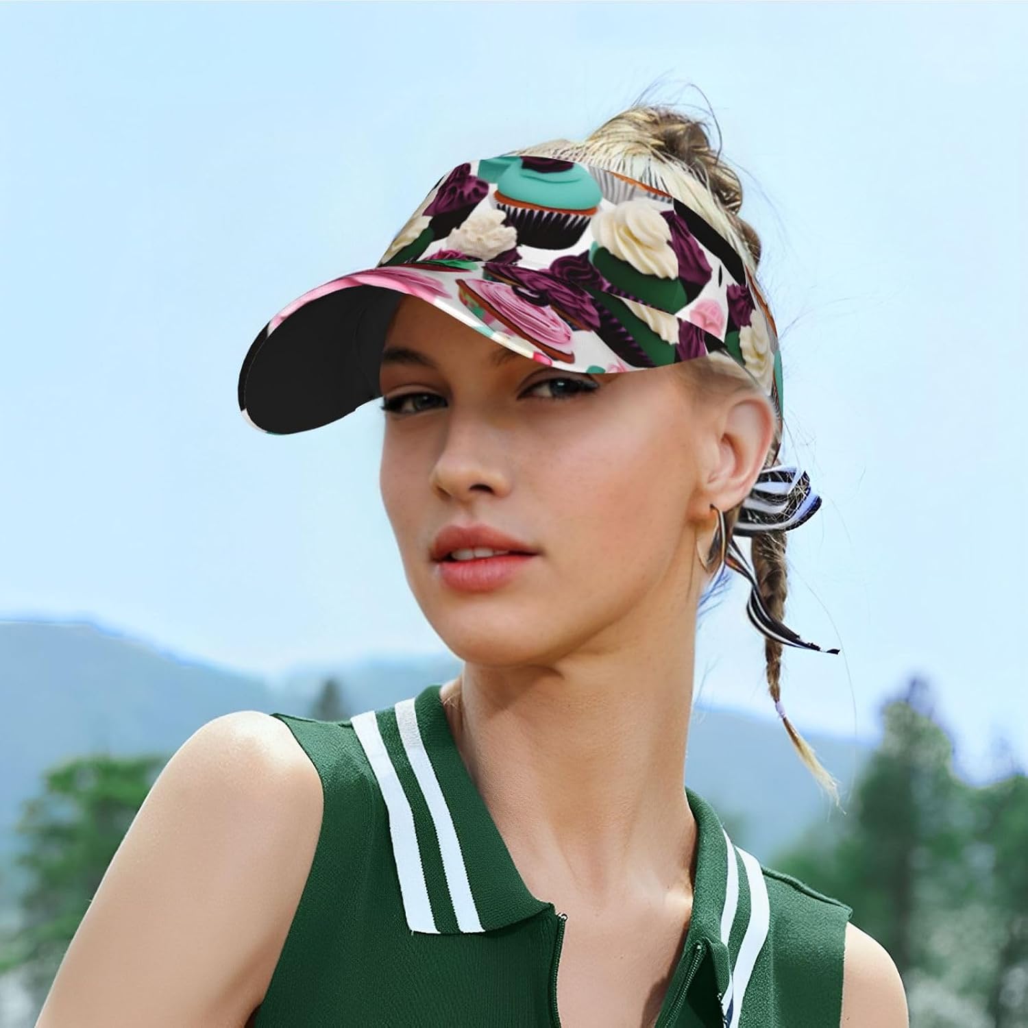 Delicious Cupcakes Print Foldable Sun Visor Hat Lightweight Adjustable Sun Visor Hat Outdoor Sports Cap for Adults Black