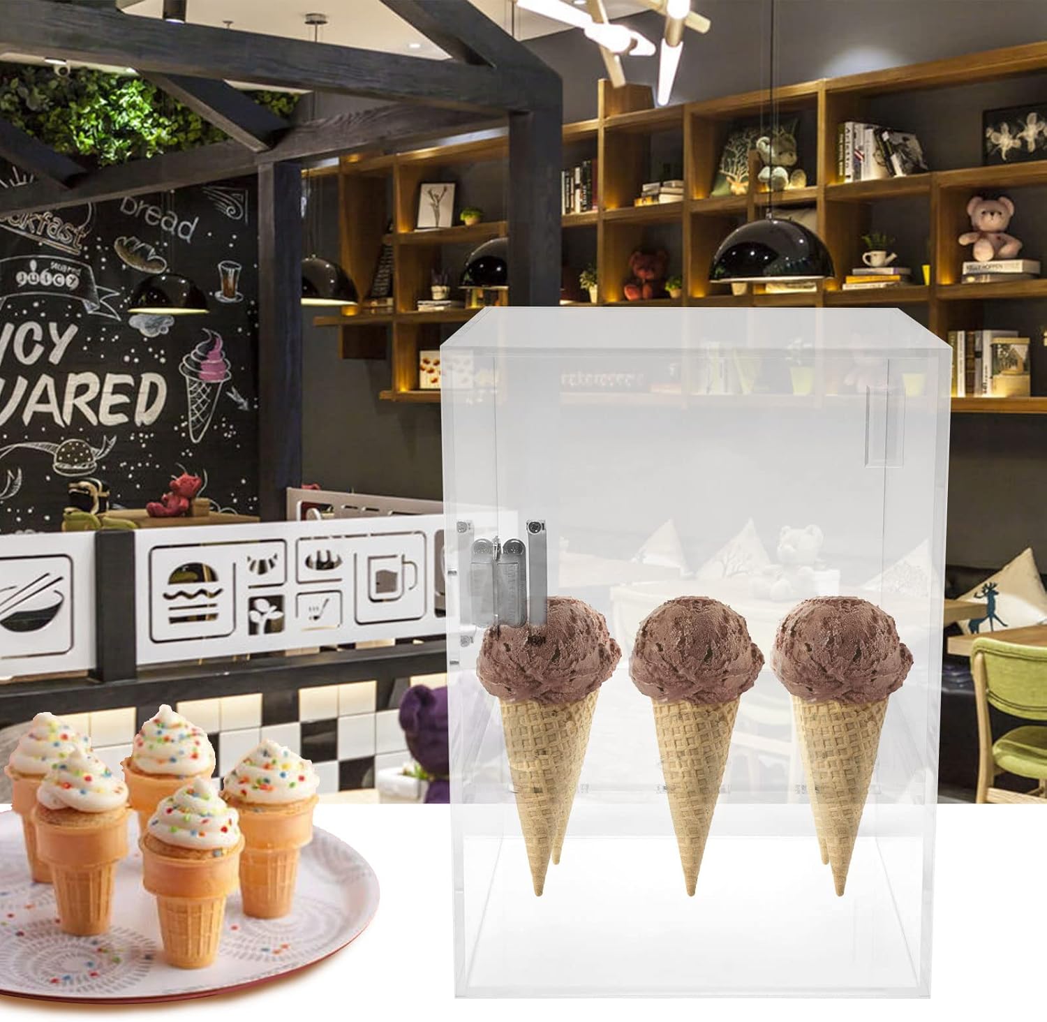 9 Holes Ice Cream Cone Holder ,Acrylic Cone Display Case Countertop, Transparent Waffle Cones Holder Egg Roll Display Case with Door&Handle and Removable Shelf, Displays for Cones