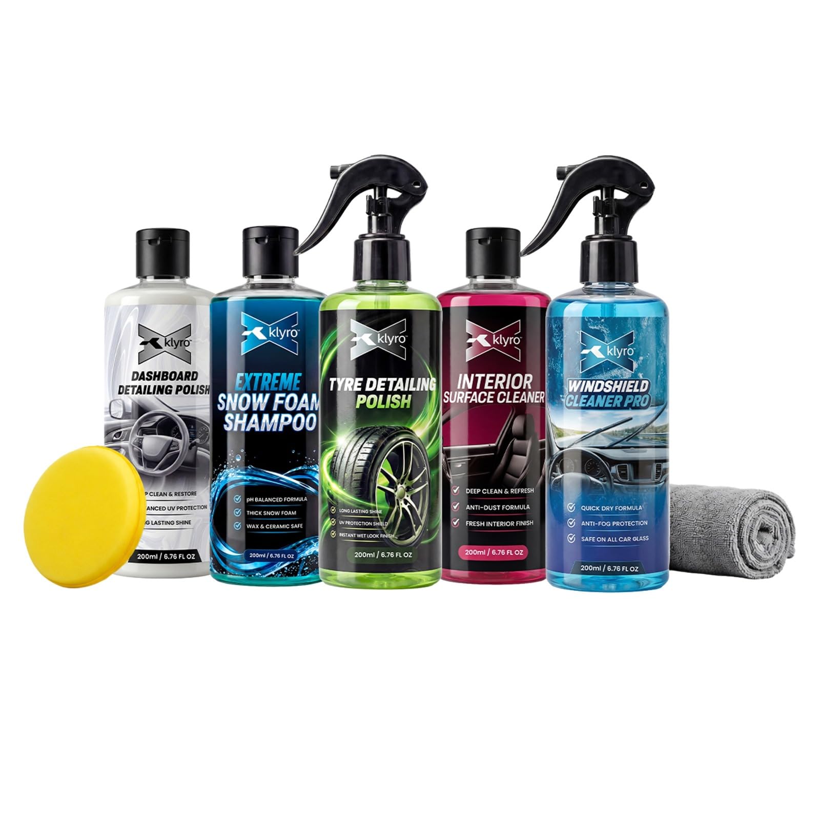 KLYRO Car Cleaning Kit Combo 7-in-1 | Snow Foam Shampoo, Dashboard Polish, Tyre Polish, Interior Surface Cleaner & Windshield Glass Cleaner | Includes Microfiber Cloth & Applicator Pad | 200ml Each | Complete 7-in-1 Car Detailing Kit-image-33