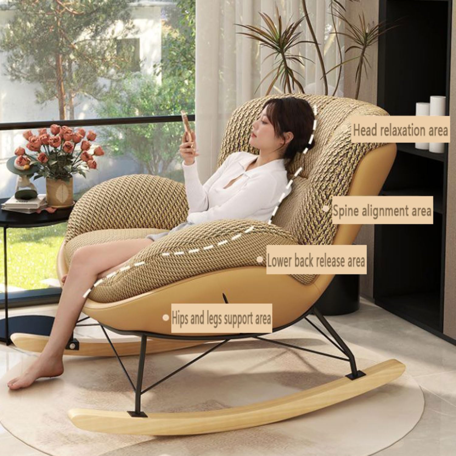 Poltrona Moderna Poltrona Lounge Moderna per Balcone Poltrona a Dondolo on Seduta Ergonomica in Tessuto Imbottito Sedia a Dondolo per Soggiorno/Camera da Letto Sedia Papasan con Braccioli