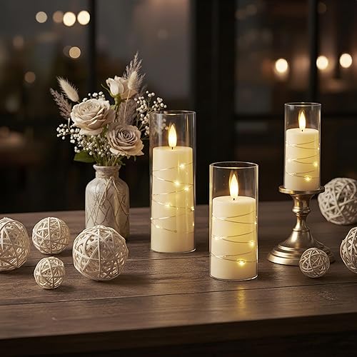 Miniatura 7 de Raycare Velas LED sin llama con cuerda de estrella incrustada, 7 velas de pilar acrílicas a pilas con temporizador y control remoto, parpadeantes
