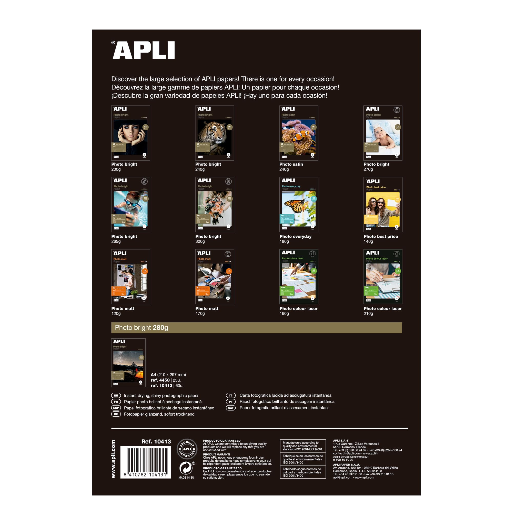 APLI 10413 - Papel fotográfico Photobright, A4, pack de 60 hojas, 280 g, con acabado brillante, calidad profesional, apto impresoras inkjet