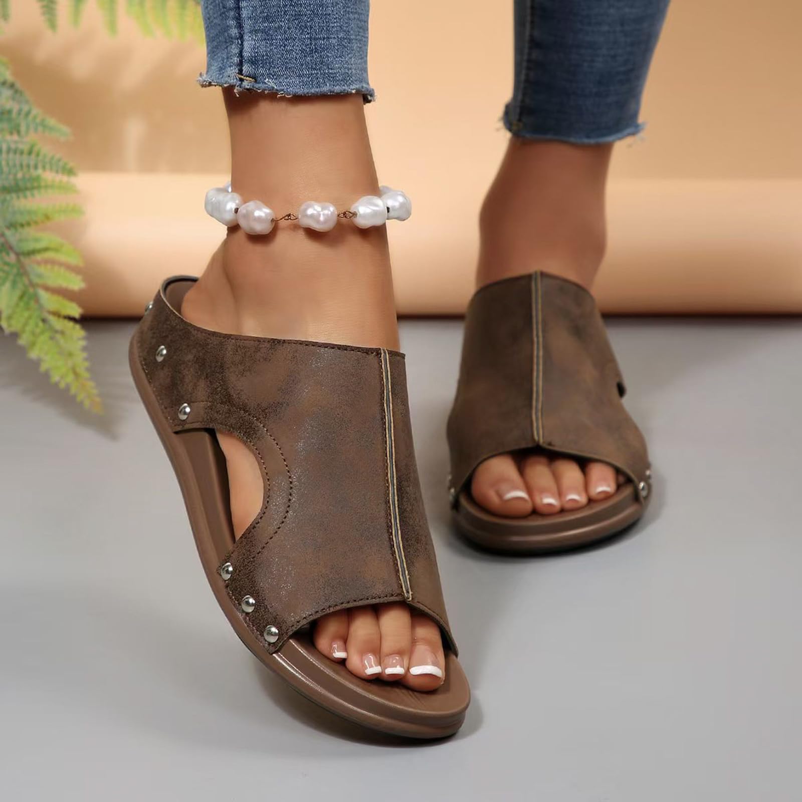 Pantuflas de casa para mujer, sandalias bajas de verano, sandalias cómodas con puntera abierta, correa al tobillo, pantuflas de corcho casuales Drssey, lindas sandalias bohemias de playa