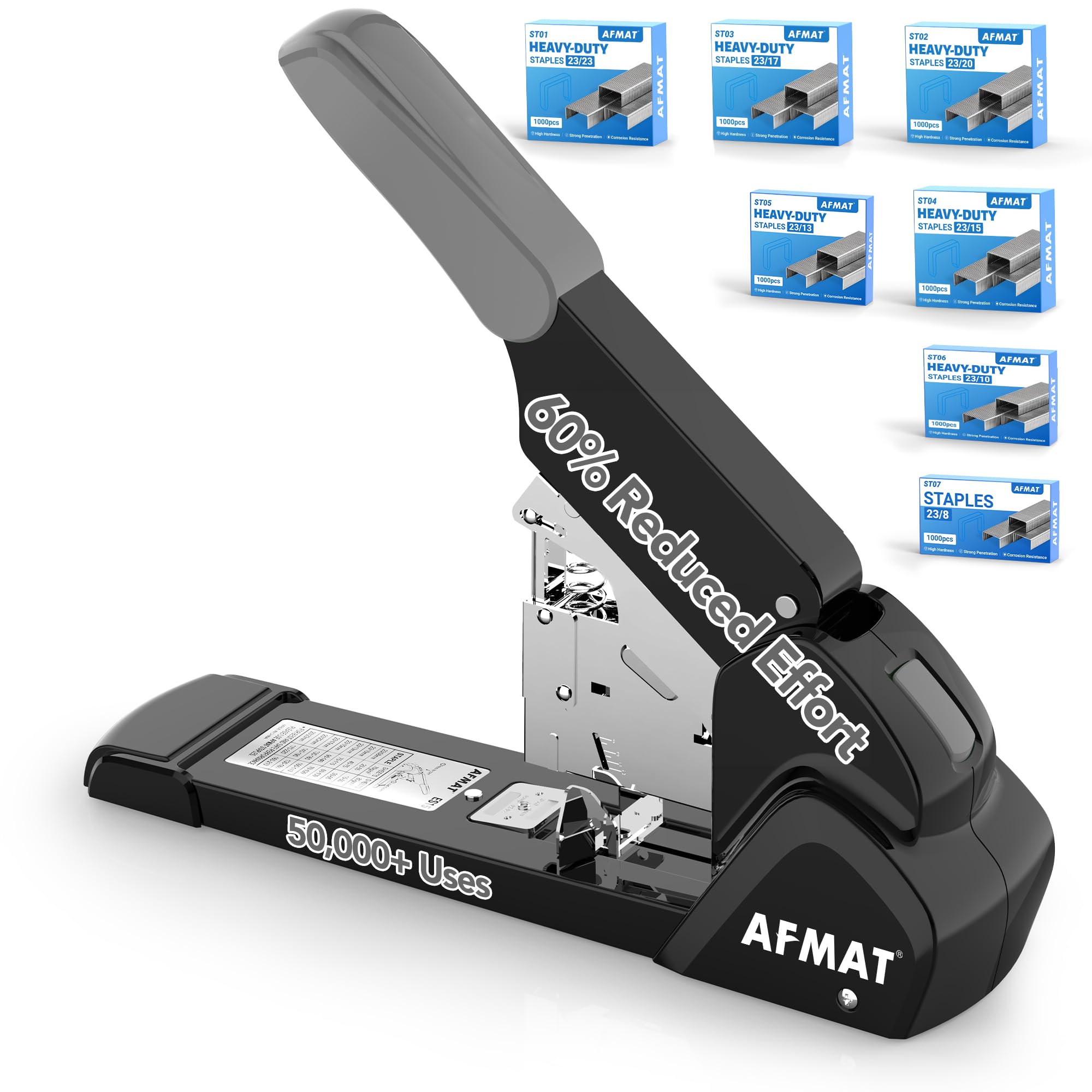 AFMAT Heavy Duty Stapler, 60% Less Effort, Staples Up to 210 Sheets, Anti-Jam, Ergonomic Lever Design, Metal Office Stapler with Adjustable Throat Depth, Long-Lasting, Includes 7,000 Staples,Grey ES15