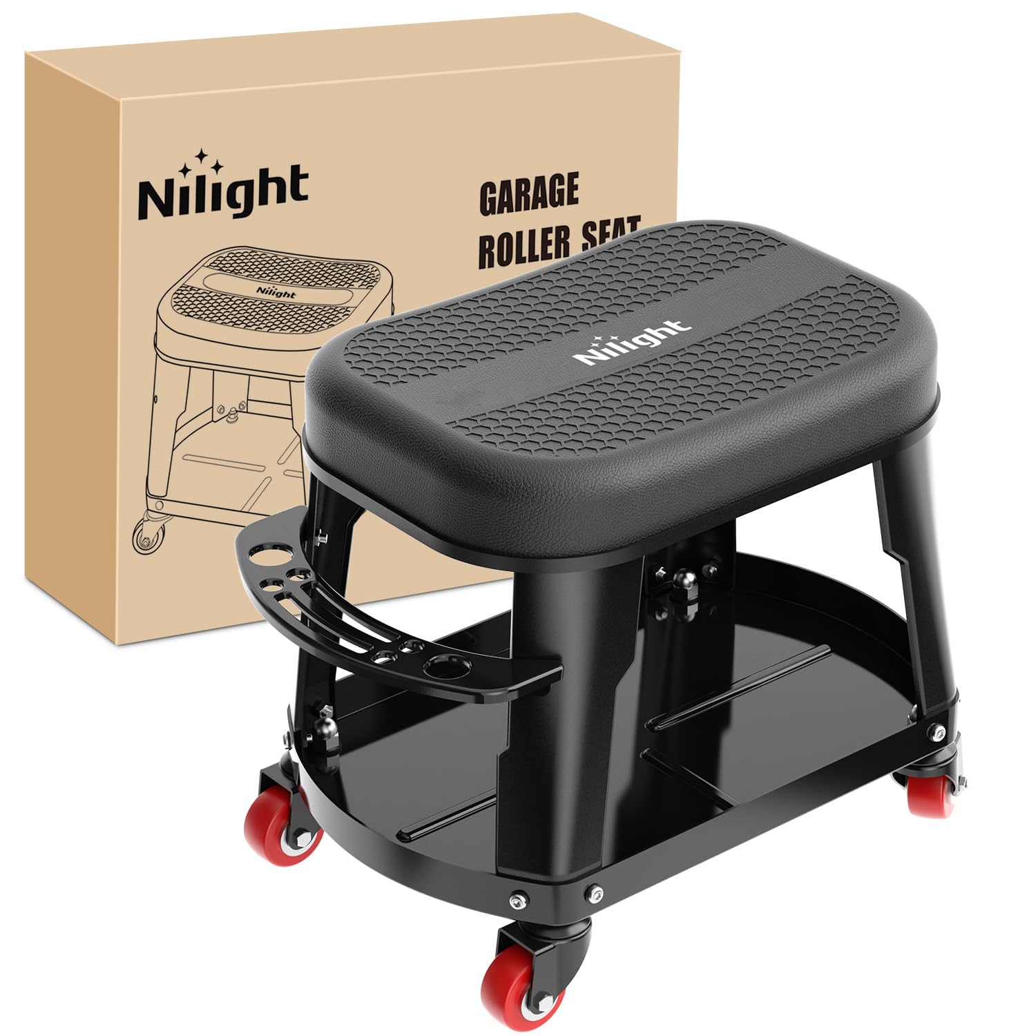 Nilight Rolling Mechanic Stool 300LBS Black Garage Seat with Tool Tray