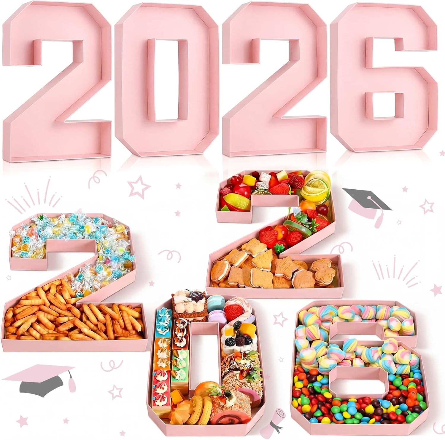 4 Pcs 2026 Graduation Fillable Numbers for Charcuterie Class of 2026 Cardboard Number Grad Charcuterie Board Serving Trays Graduation Food Box for Tray Party Supplies(Pink)