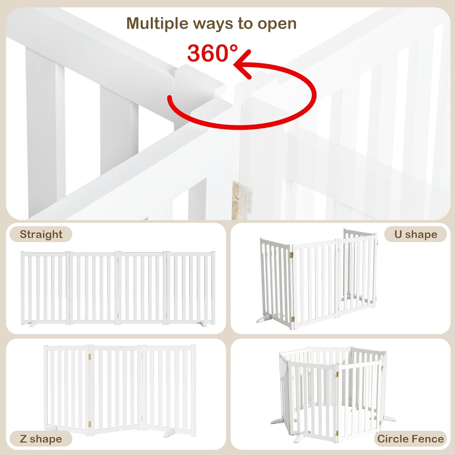 Wire Dog Gate Solid Wood Frame, Anti-Chewing, 4-Panel, 30" Height, 60" Width, Indoor Freestanding Pet Gate Foldable Wooden Dog Fences for Stairs, House, Doorway, White