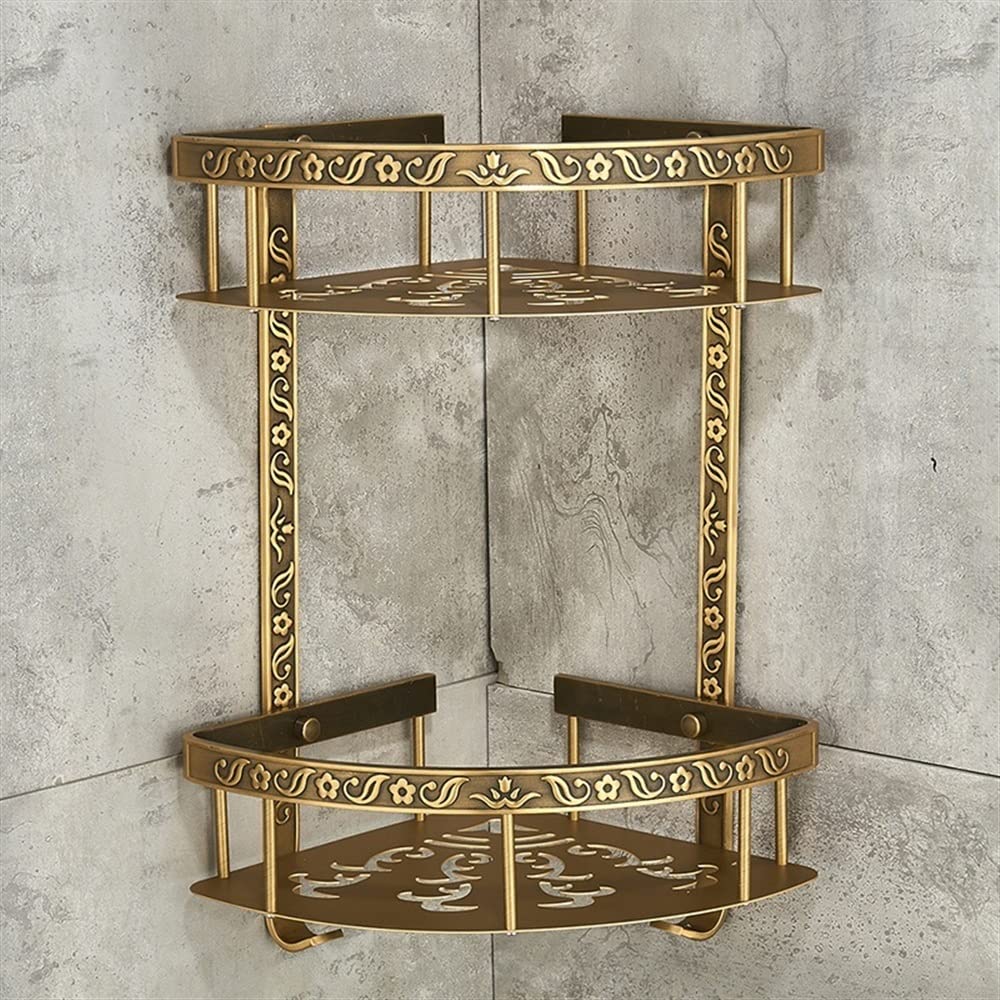 GTFDXJ Corner Shower Caddy Nail Free Bathroom Shelves 2 Layer Antique Metal Shower Corner Shelf Wall Mount Shampoo