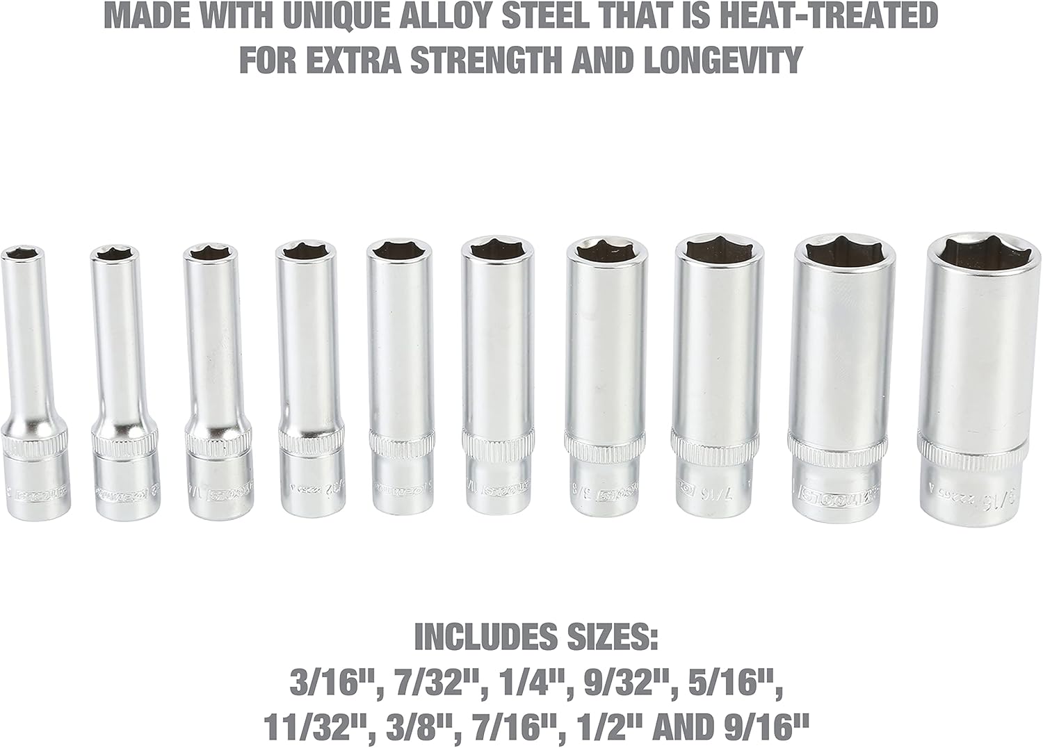 OEMTOOLS 23985 10 Piece 1/4" Drive Deep Socket Set, SAE Sizes 3/16"-9/16", Rust-Resistant 1/4 Drive Socket Set, EVA Storage Tray, Heat-Treated Alloy Steel Sockets