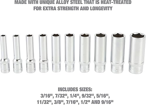 Miniatura 6 de OEMTOOLS Juego de llaves profundas 23985, SAE, unidad de 14 de pulgada, 10 piezas, juego de llaves de mecánica profesional  Tamaños 316, 732, 14,