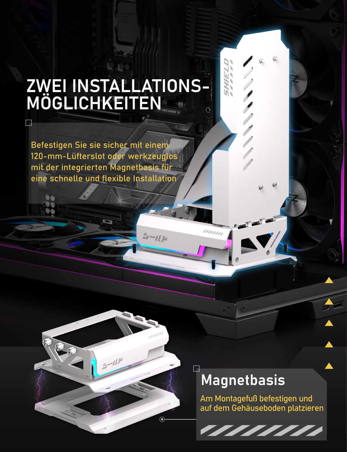 EZDIY-FAB Shield ARGB Aufrechte GPU-Halterung mit PCIe 5.0 Riser–Vertikalhalterung für RTX 50 Serie, 20 Grad verstellbarer Winkel, Magnetisch & Lüfterschlitz Installation, 5V ARGB-Sync – Weiß 600mm