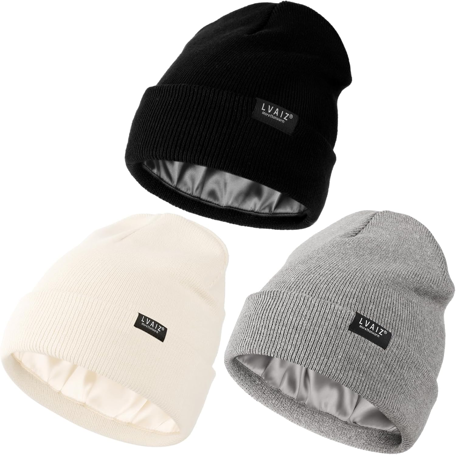 3 Pack Satin Lined Beanie Hats for Women Men Winter Silk Lined Soft Warm Knit Cuffed Beanies Cotton Crochet Slouchy Skull Cap