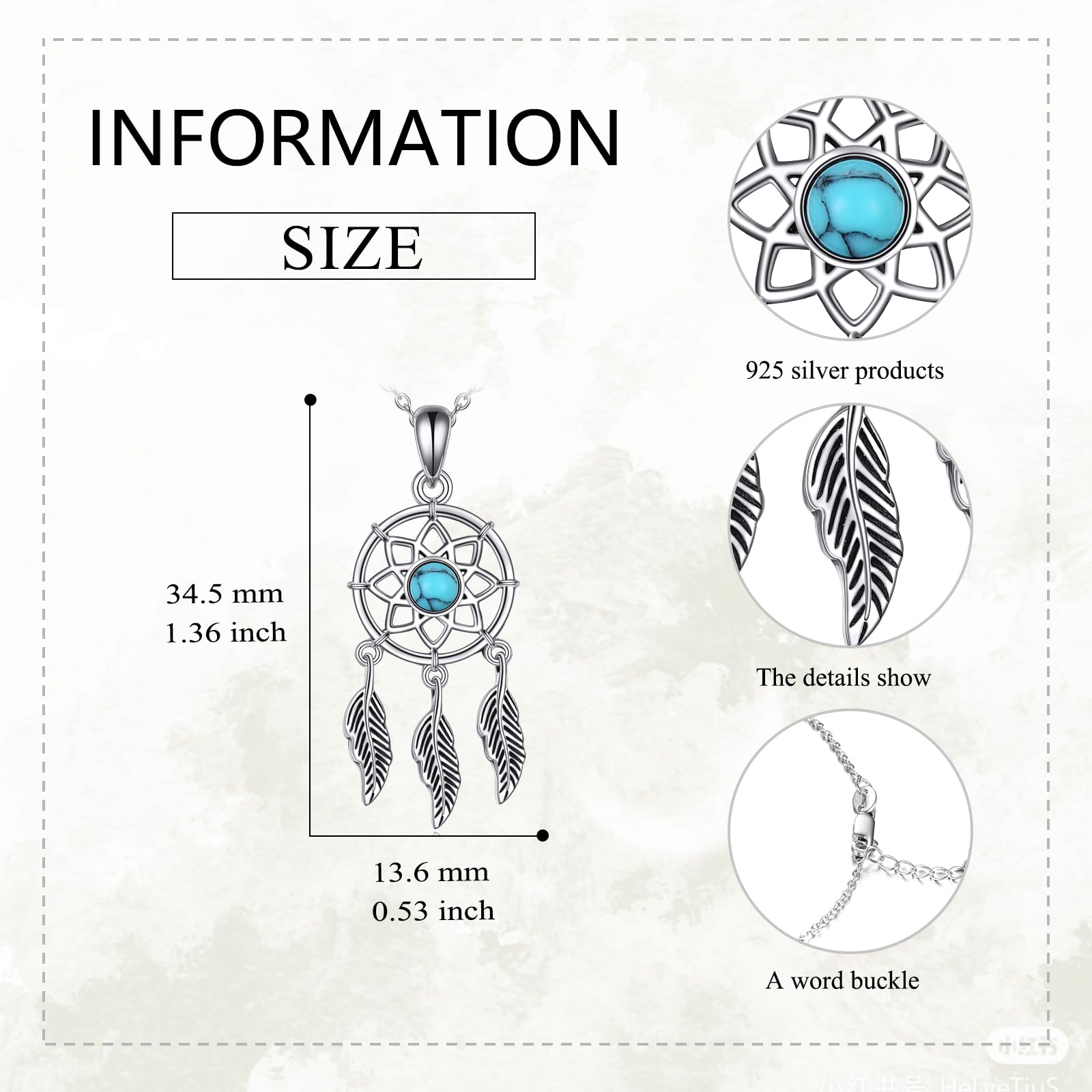 YFN Collana acchiappasogni, in argento Sterling 925, con piuma, acchiappasogni, ciondolo turchese, per donne, adolescenti e ragazze, 33*13mm, Argento sterling, Turchese sintetico