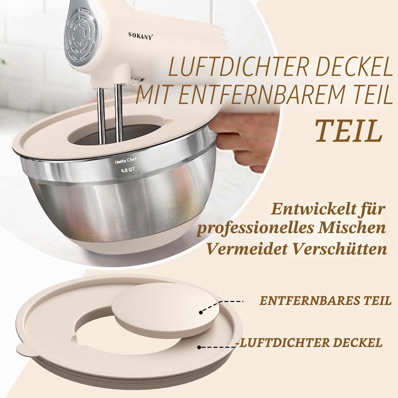 Umite Chef Rührschüsseln mit luftdichtem Deckel, 8 Stück, Edelstahl, Khaki, Nistschalen mit Reibeaufsätzen, Küchenschüsseln mit rutschfester Unterseite, Größe 5, 4, 3,5, 2, 1,5 l zum Mischen und