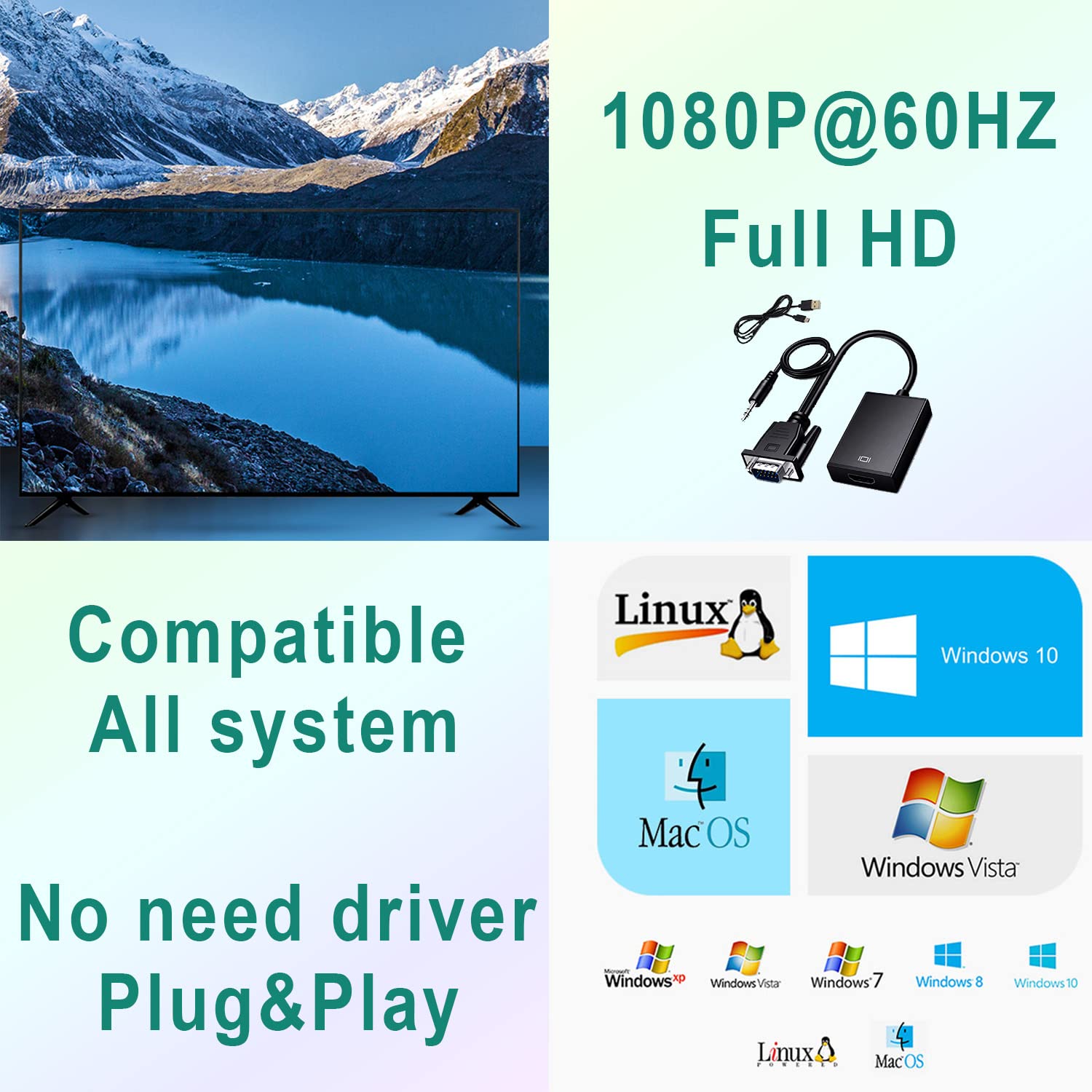 Adattatore da VGA a HDMI con Audio 1080P 60Hz, Convertitore Compatibile con vari Dispositivi come Laptop, PC, Proiettori, Monitor, TV Box, ecc