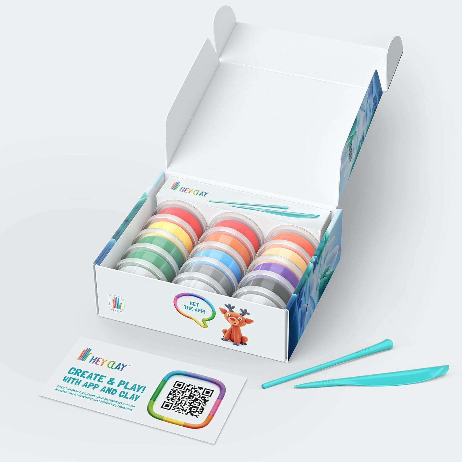 Fat Brain Toys Hey Clay Winter Holidays - Colorful Modeling Air Dry Clay for Kids - Kit 15 Cans with Fun Interactive App