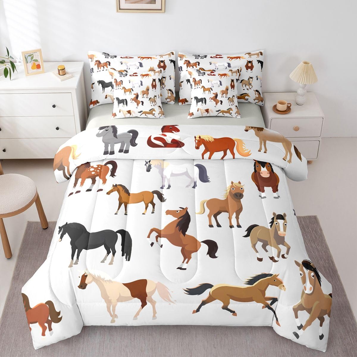 Erosebridal Cartoon Horse Bed in a Bag Queen Comforter Set 7 Piece | Western Bedding Sets Cowboys Wildlife Farm Animals Comforter and Sheet Set, Rustic Farmhouse Bed Sets,Plain White