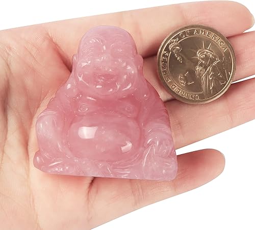 Miniatura 2 de Artistone Estatua de Buda sonriente de cuarzo rosa de 2 pulgadas, cristal curativo tallado a mano, escultura religiosa sentada, figura de Buda