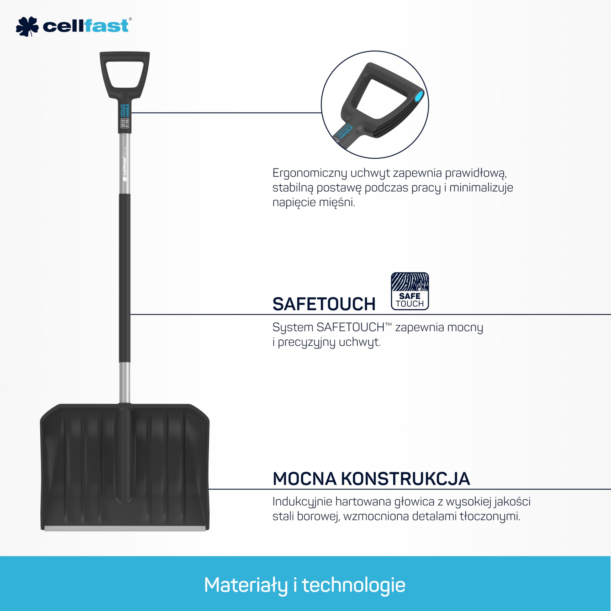 Cellfast Łopata do Śniegu z Ergonomicznym Trzonkiem i Uchwytem Pierścieniowym - Prostokątna - 144 x 49 cm - Energo