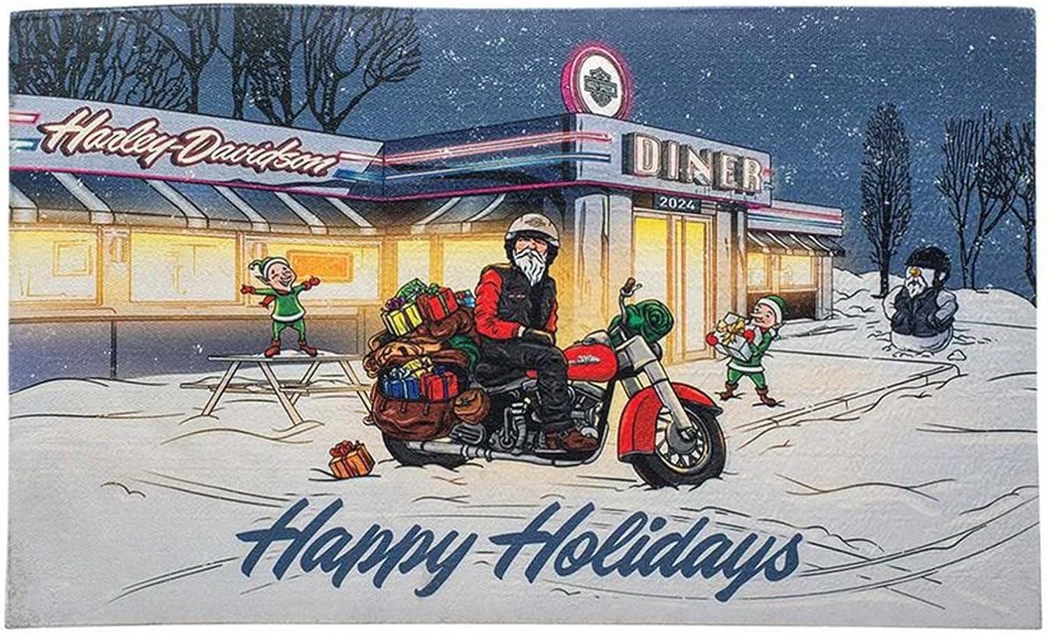 Harley-Davidson Biker Santa Happy Holidays Entry Mat, Printed Thick Rubber Mat