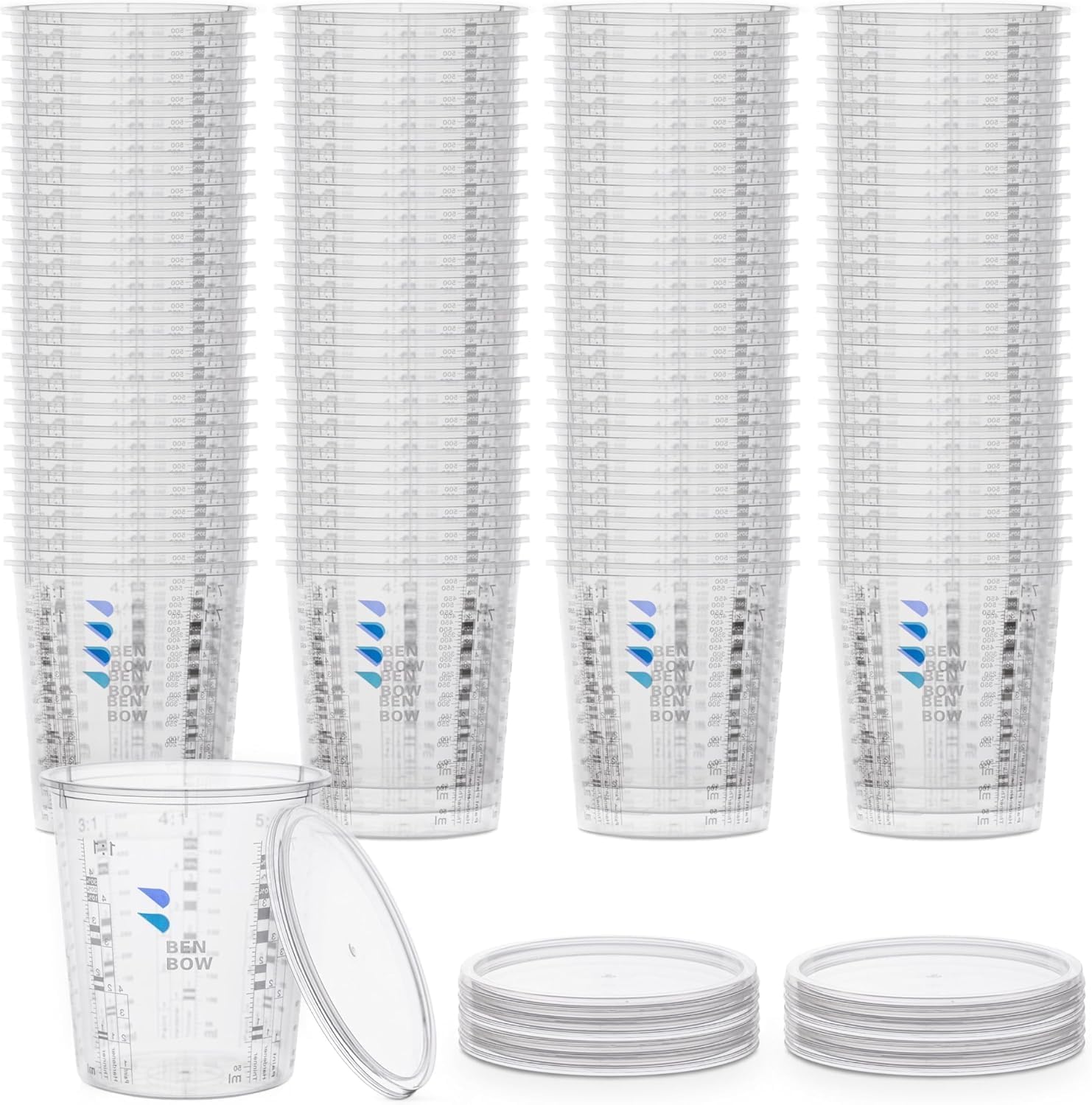 BenBow Profi-Messbecher 100x 385ml mit 12x Deckel mit vielfältiger Skalierung - Becher mit Skala Mischbecher Lackmischbecher Meßbecher Lackbecher Einwegmischbecher