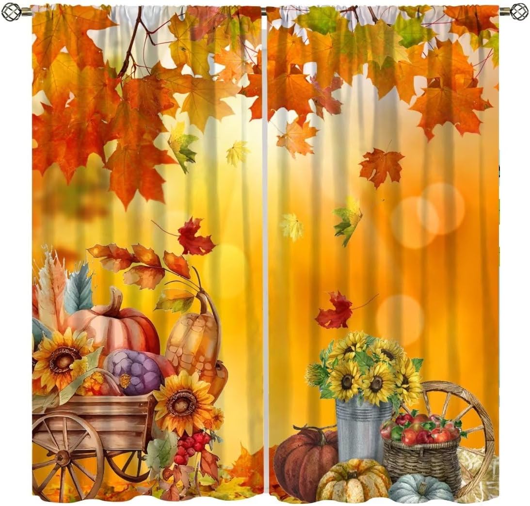 Fall Thanksgiving Curtains Pastoral Style Maple Leaf Pumpkin Sunflower Pattern Printing Curtains Bedroom and Living Room Decoration Blackout Curtains W42 * L45 Inch