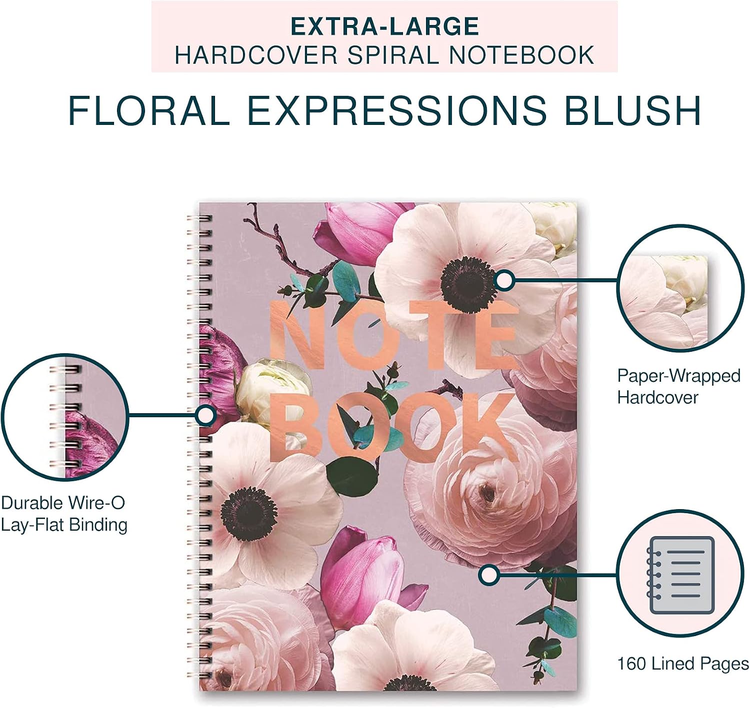 Extra-Large Hardcover Spiral Notebook by Studio Oh! - Floral Expressions Blush - 8.5" x 11" - Durable Wire-O Lay-Flat Binding, Full-Color Art Rigid Cover & 160 Lined Pages (SXL60)