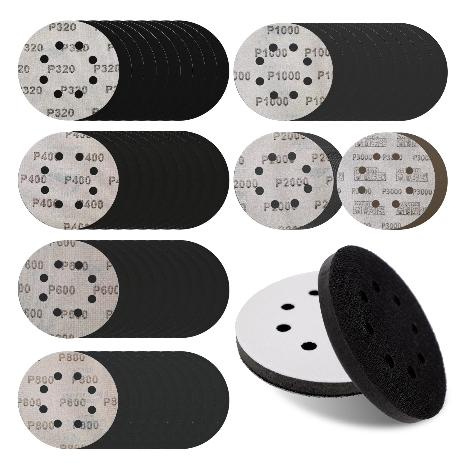 Photo 1 of 120 PCS 5 Inch 8 Hole Hook & Loop Discs for Round Orbital Sander, 320 400 600 800 1000 2000 3000 Grits Silicon Carbide Sanding Paper Disc for Wet/Dry Sanding and Polishing Use, 2 Buffer Interface Pads