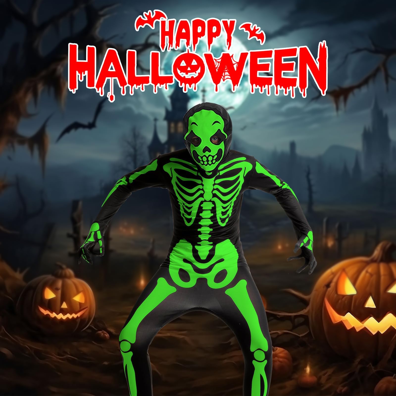 YADODO Skeleton Costume Kids Boys Girls 6-7 Glow in the Dark Skeleton Onesie Outfit Jumpsuit Kids Light up Suit with Bag Necklace Spooky Scary Halloween Skull Zombie Scream Costume for Boys Girls - Image 2