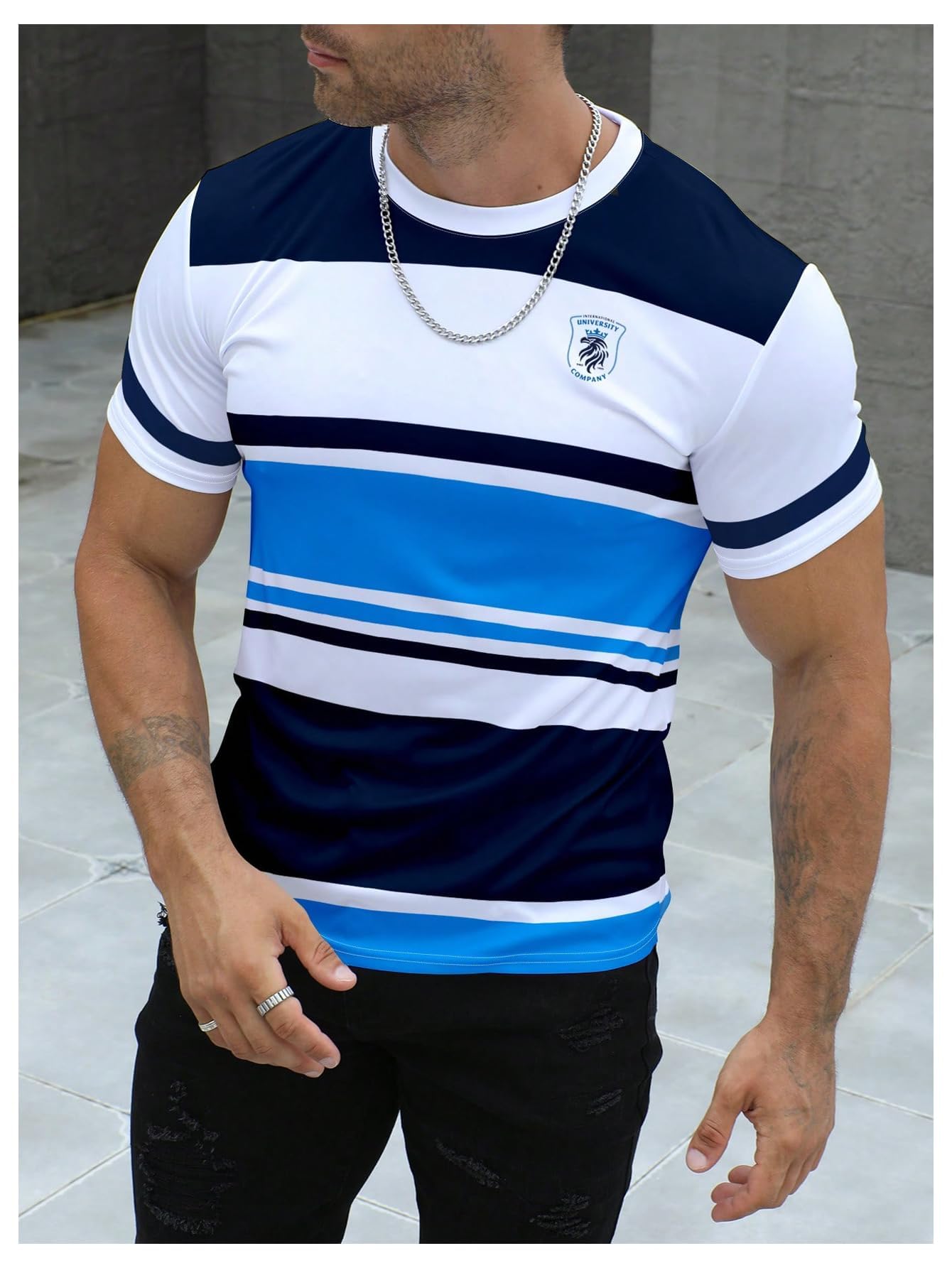 Floerns Camiseta de manga corta con cuello redondo y estampado de rayas para hombre