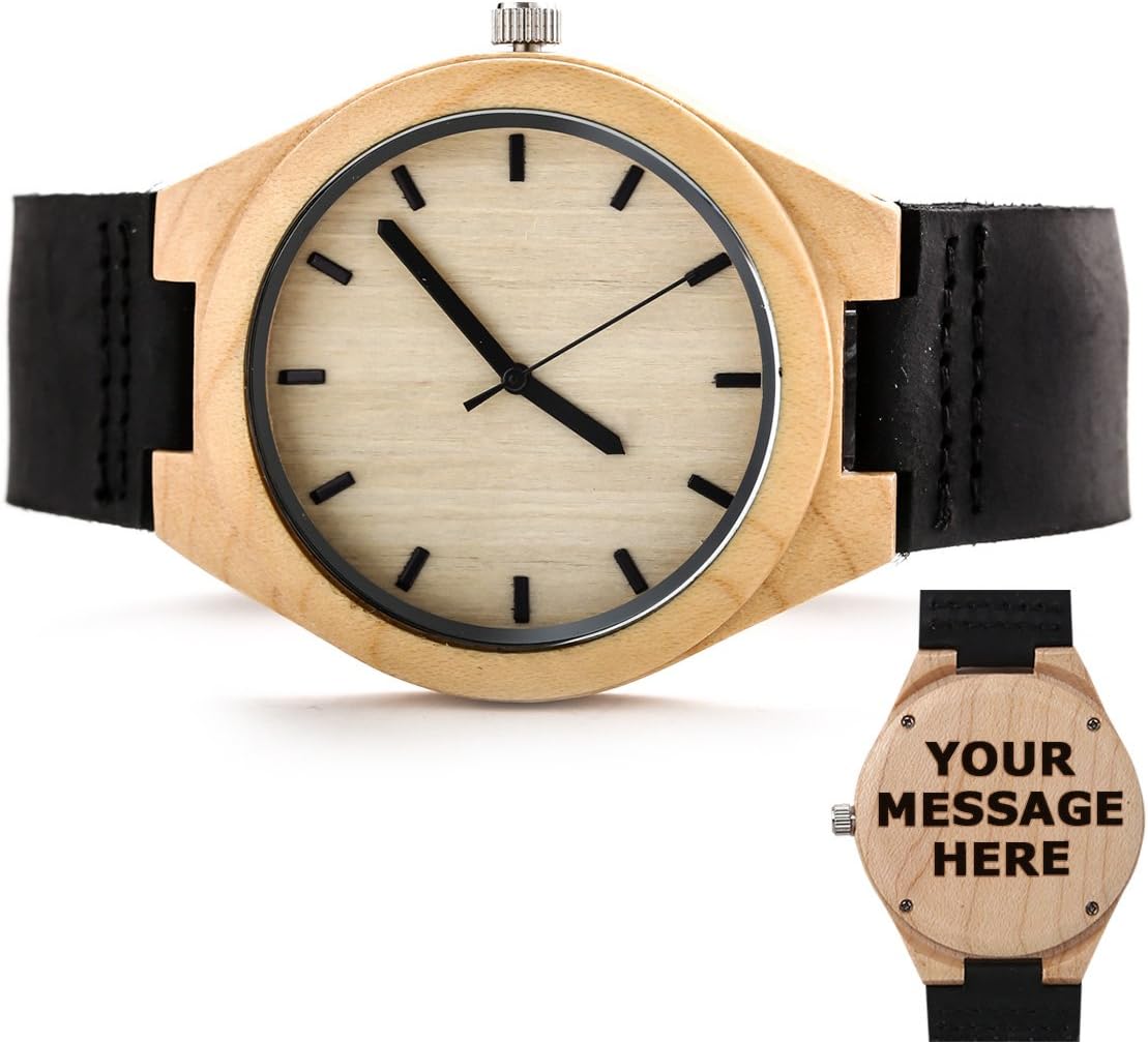 Custom Men Engraved Wooden Watches Personalized Leather Strap Casual Wristwatch by Famgem
