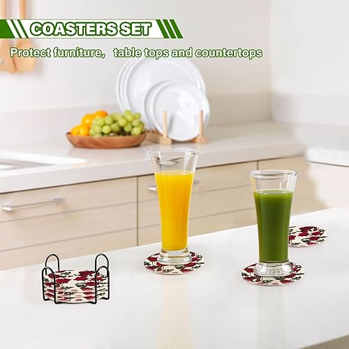 Miniatura 7 de Seamless Pattern Red Flowers Roses Leaves Absorbent Drink Coasters Coasters for Desk and Holder Set of 6 Coasters