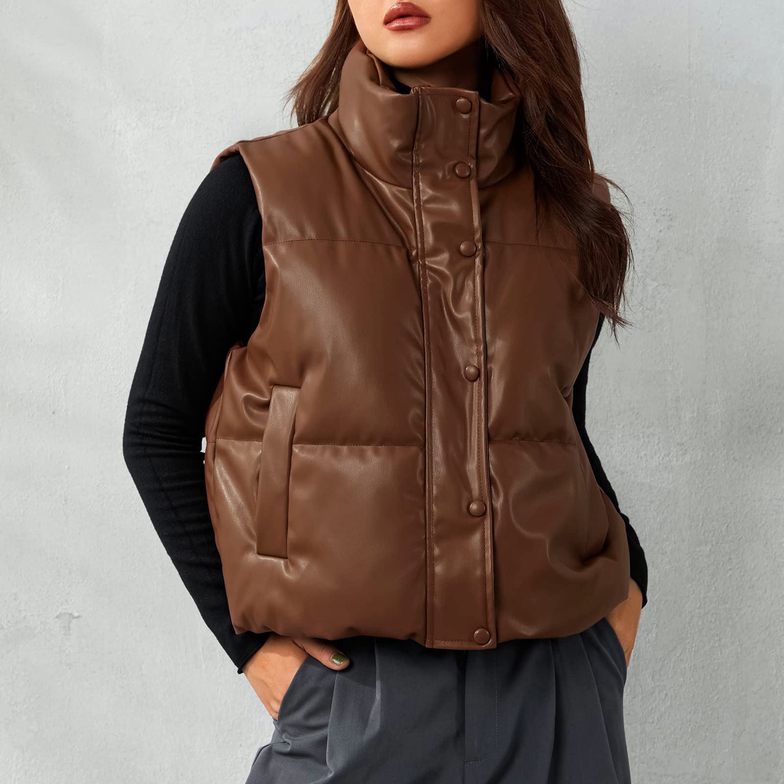 Ailoqing Womens Faux Leather Puffer Vest Zip Up Sleeveless Winter Cropped Jacket