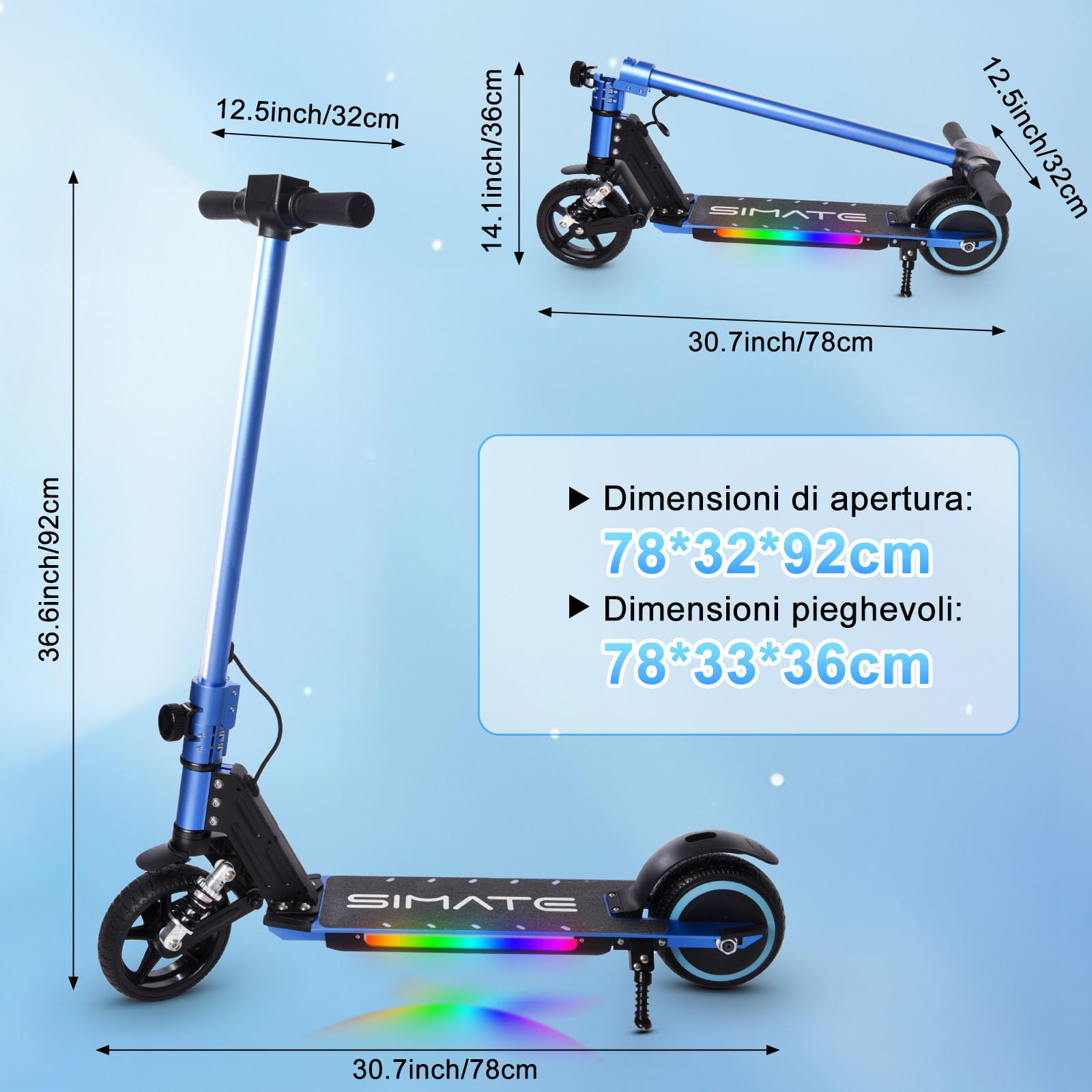 Monopattino elettrico per bambini, 6-12 anni, motore 130W, velocità max 14 km/h, autonomia 8 km, luci LED colorate, design pieghevole, monopattino sicuro per ragazzi e ragazze