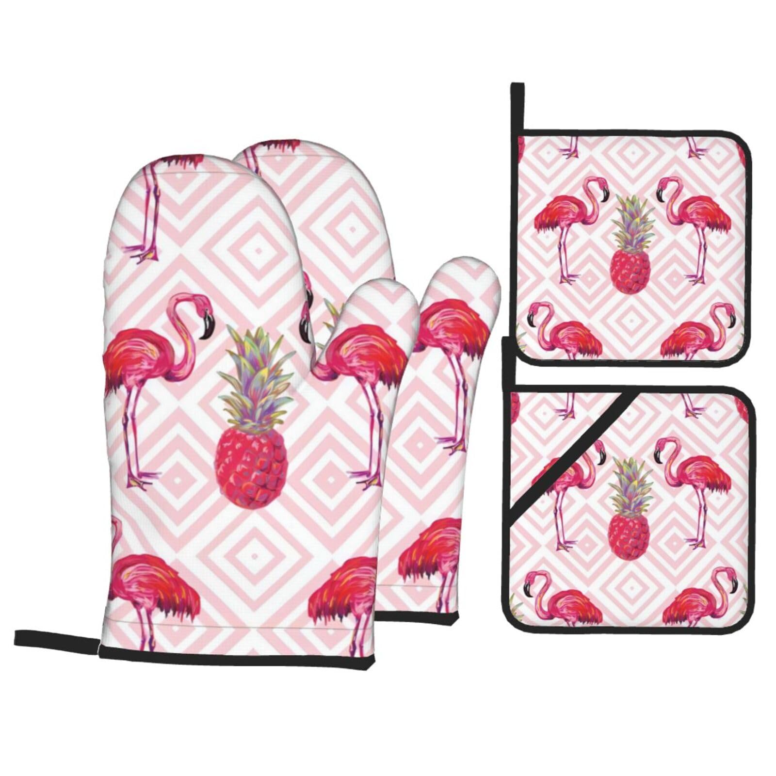 YYHHAOFA Pink Flamingo Pineapple Prints Kitchen Baking Set with Heat Resistant Pot Holders & Oven Mitts - Waterproof Layer for Hot Dishes, Grill & Microwave