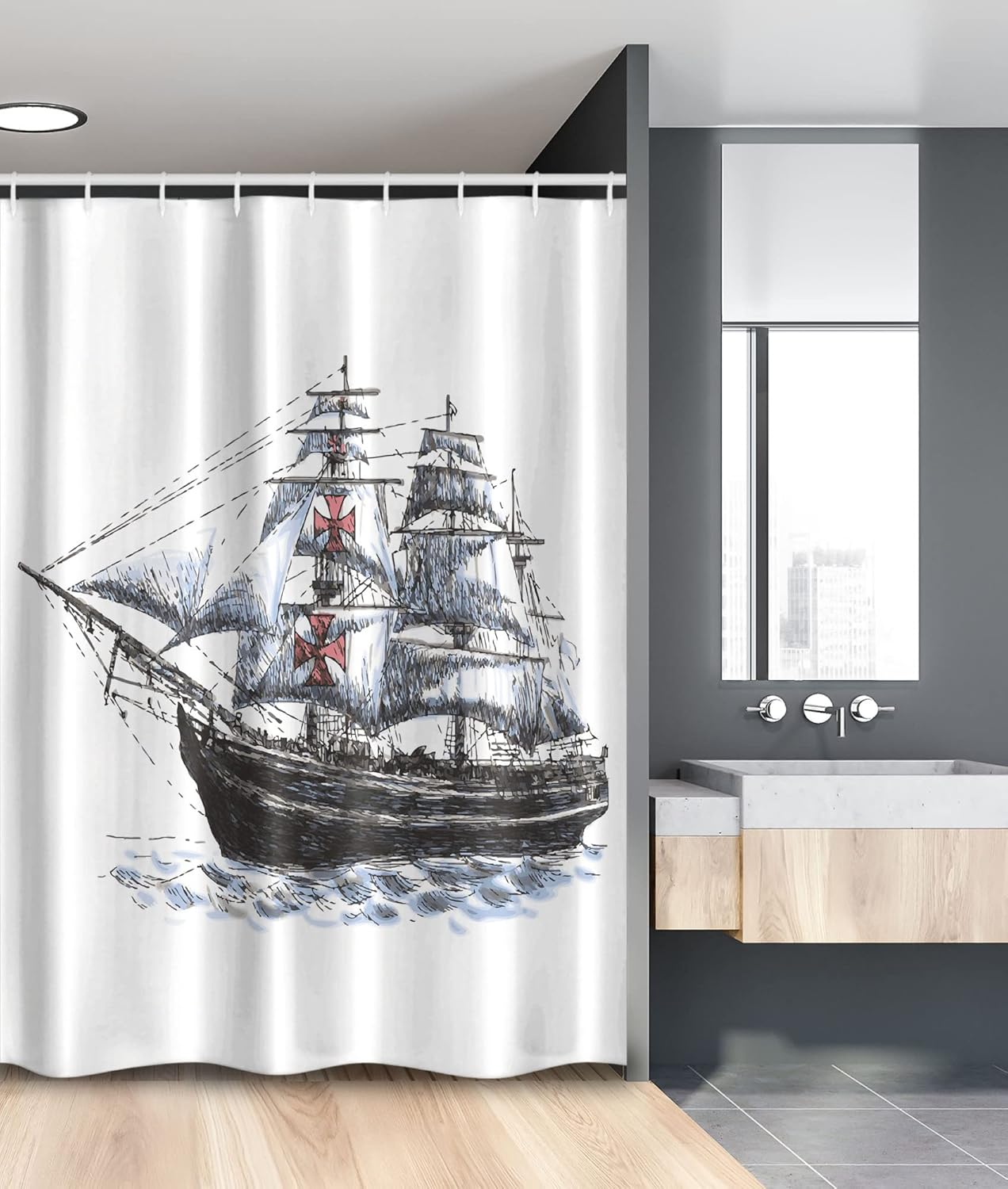 Ambesonne Vintage Stall Shower Curtain, Old Aged Columbus Ship Sailing in The Imaginary Atlantic Ocean Voyage Journey, Fabric Bathroom Decor Set with Hooks, 54" W x 78" L, White Soft Blue Dark Grey