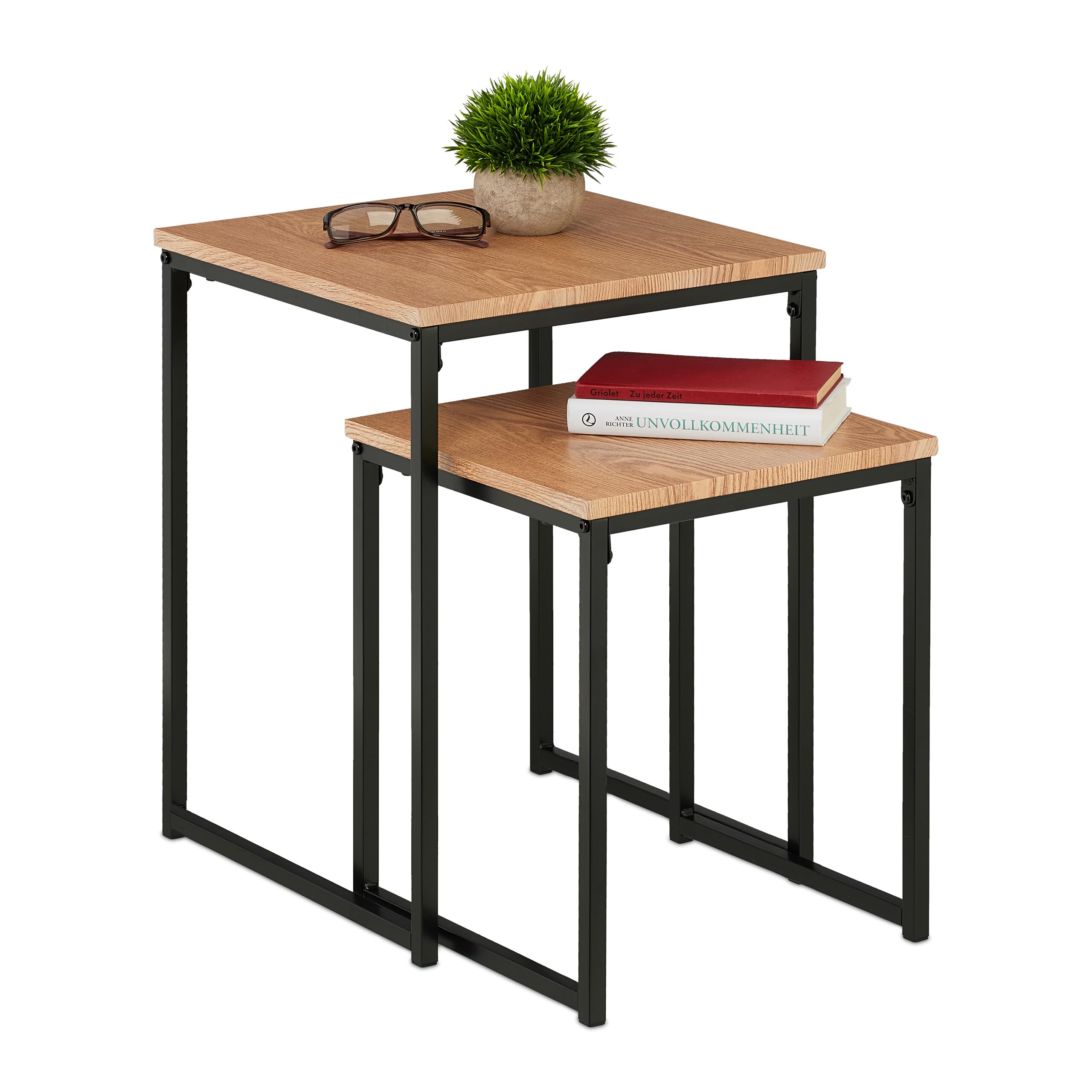 Relaxdays Mesas Auxiliares, Pack de 2, Mesitas de Salón, Diseño Nido, 2 Tamaños y Apilables, Metal, Marrón Claro y Negro