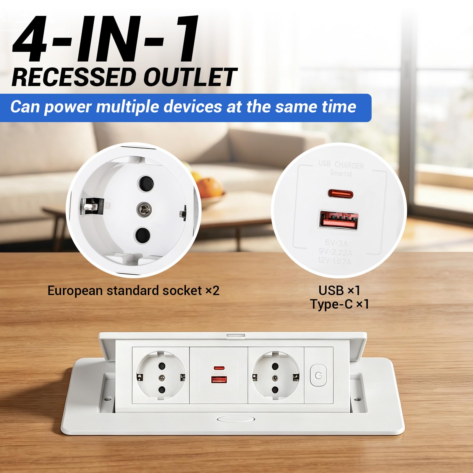 CPROSP Regleta Empotrable de Mesa con 2 Enchufes y USB (1A+1C) | Color: Blanca