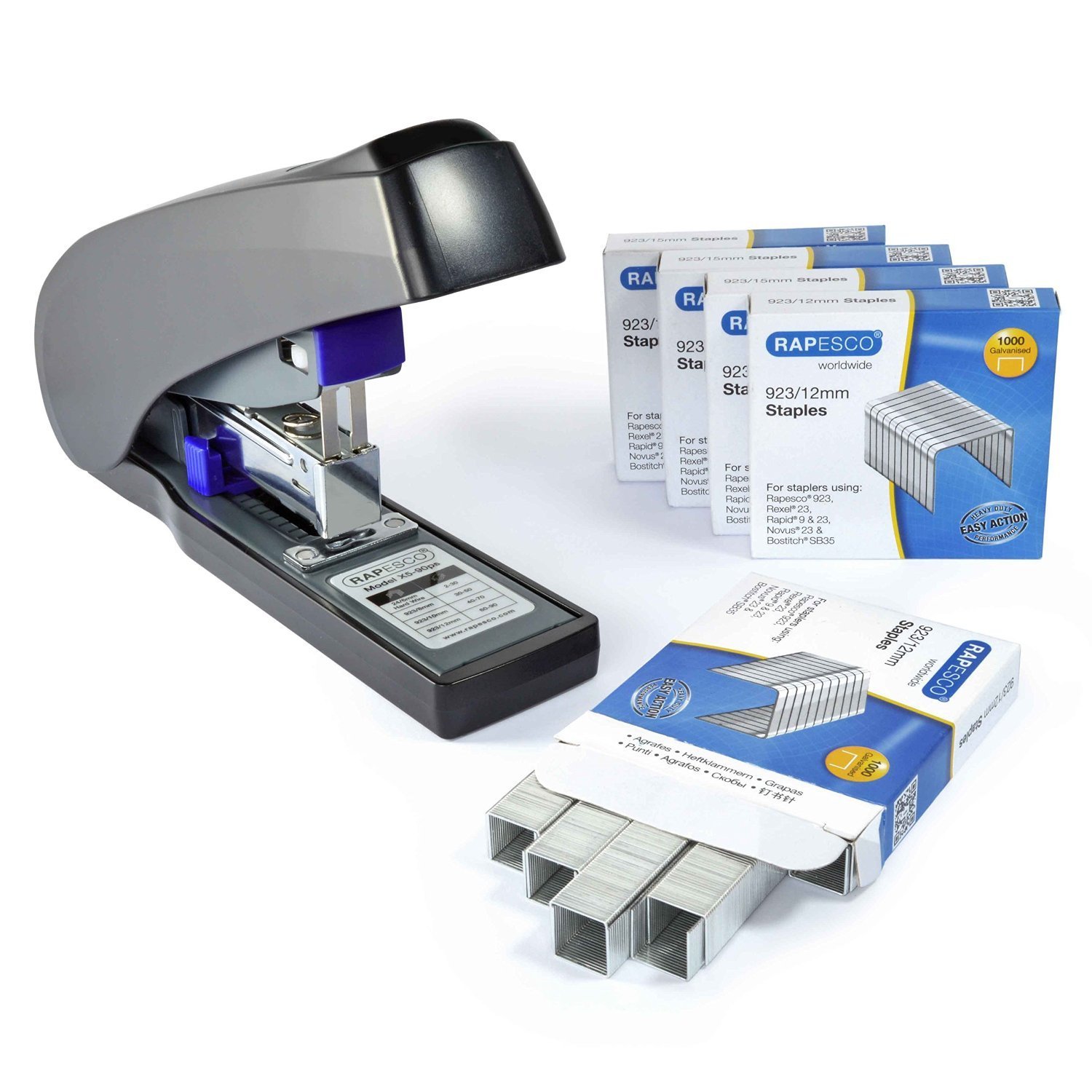 Rapesco 1277 ECO Hefter-Set X5-90ps Blockhefter, 90 Blatt Heftleistung, und 5000 Stück 923/12mm Heftklammern, Schwarz/Violett
