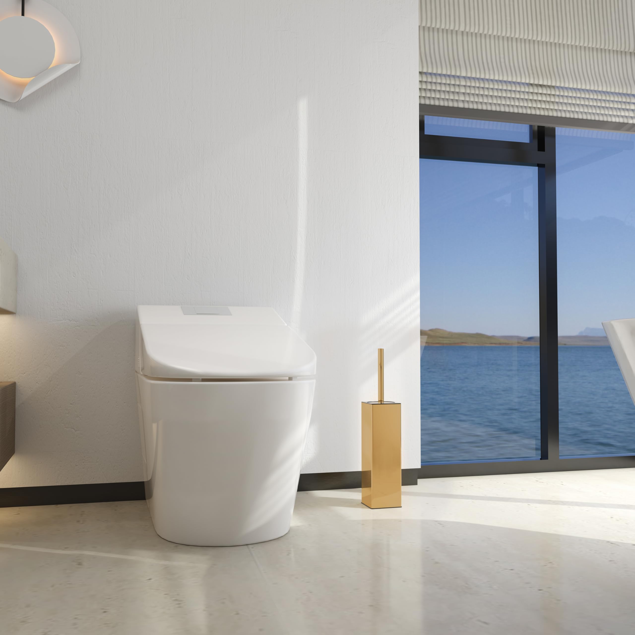BGL Escobilla de inodoro cuadrada con soporte, cepillo de inodoro pintado de goma de acero inoxidable y soporte para baño, 2 cabezales de cepillo limpiador, dorado