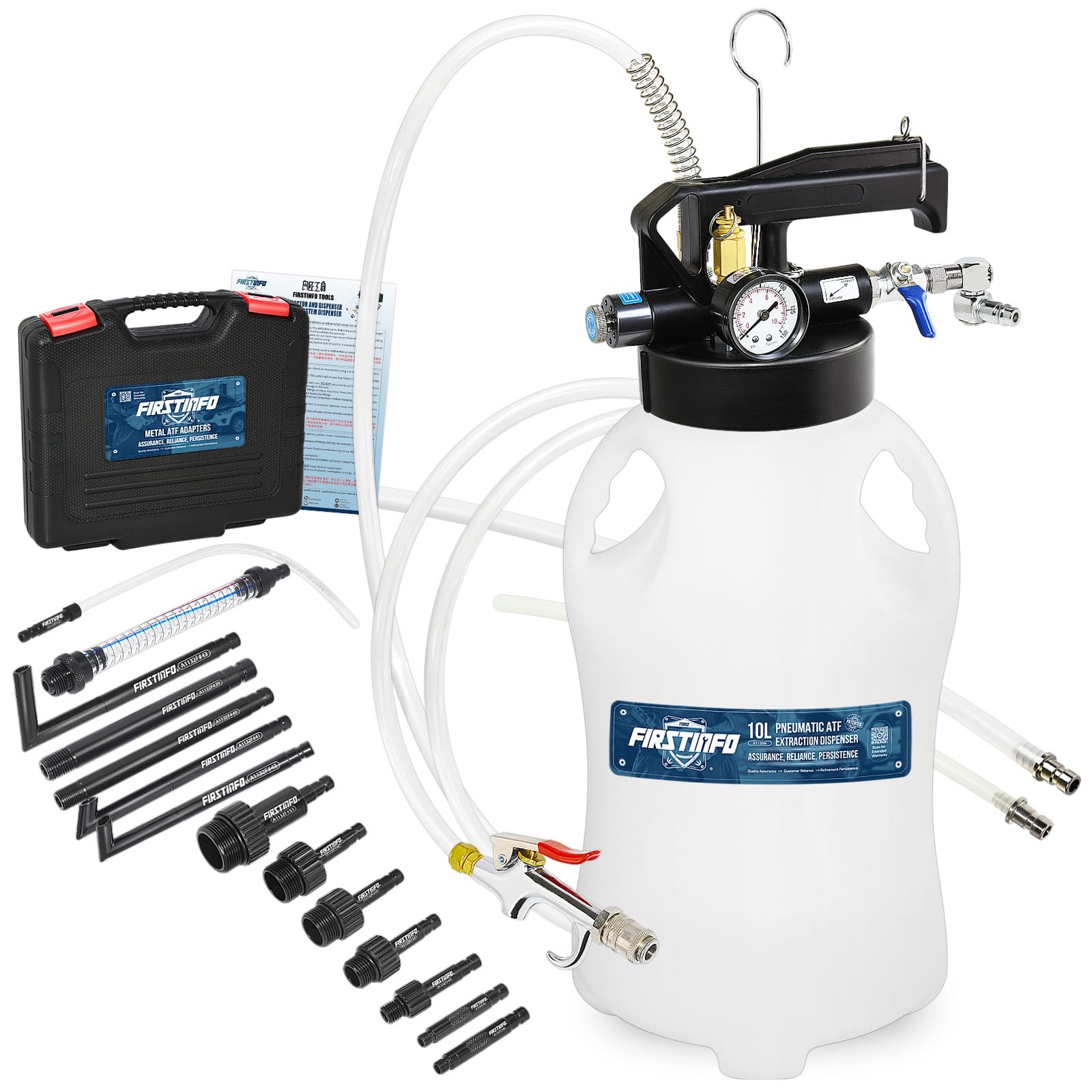 FIRSTINFO Kit Neumático ATF 10L para Llenado y Extracción de Aceite de Transmisión Automática, Bomba de Cambio de Aceite con 14 Adaptadores ATF, Herramienta Profesional para Taller A1135NEU