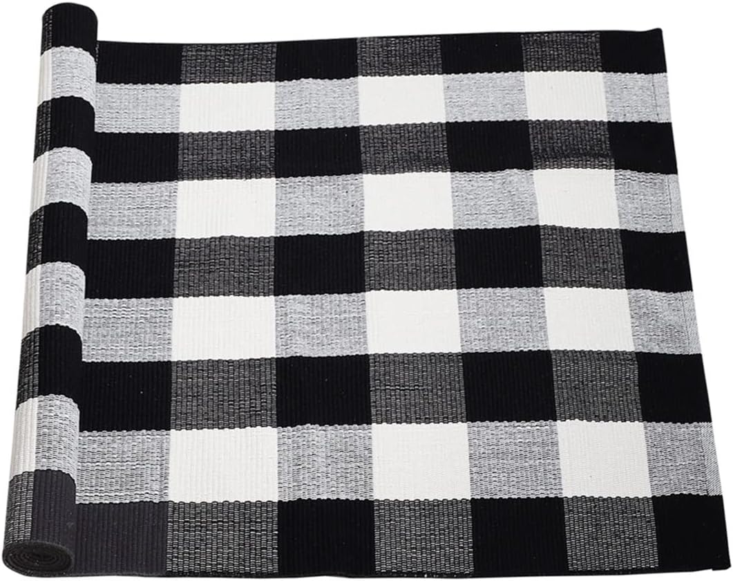 uxcell Buffalo Check Rug,Plaid Outdoor Rug,Layered Door Mat,Cotton Gingham Rugs,Floor Mat for Front Porch/Runner/Bedroom/Kitchen/Farmhouse 59"x35" Black & White