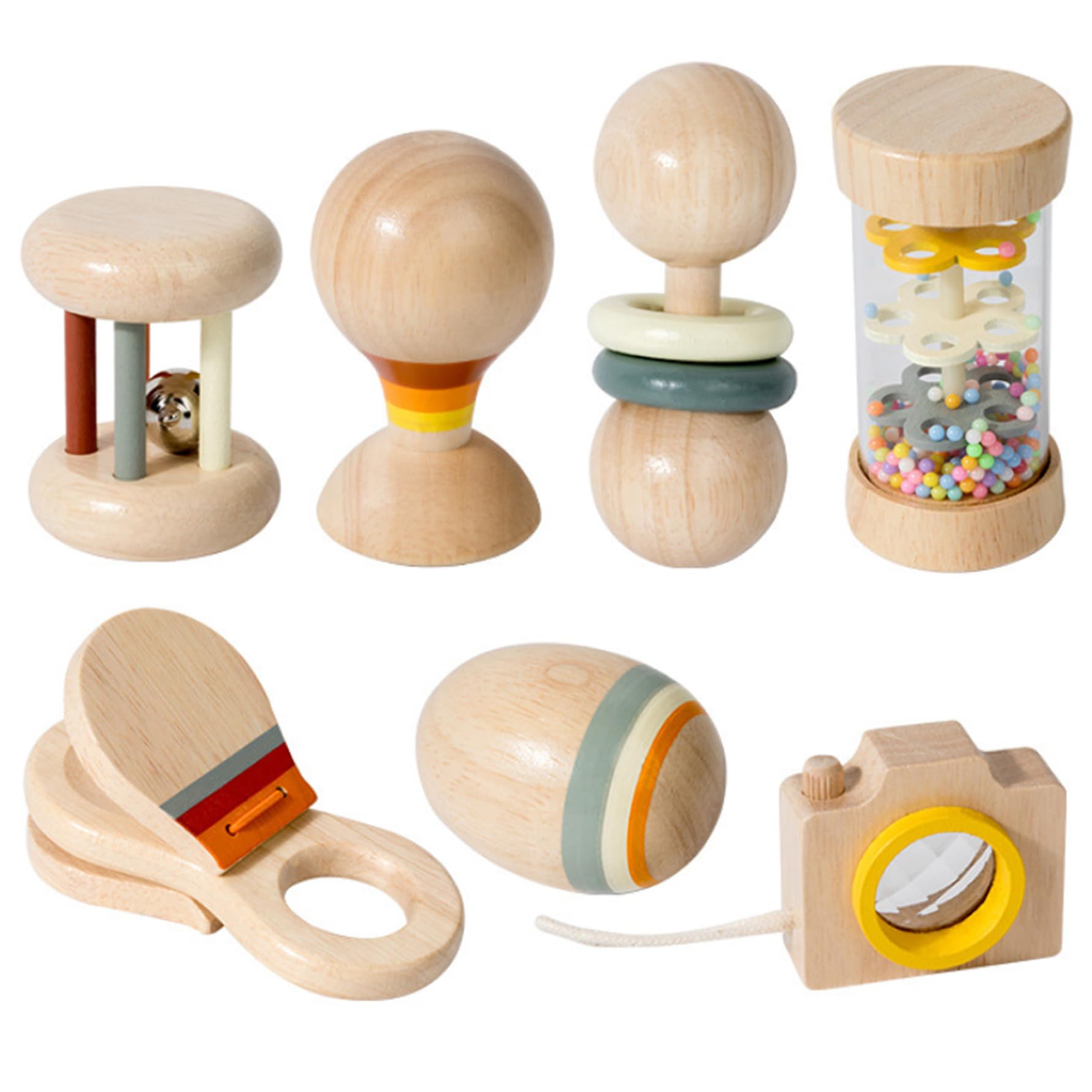 Sonajero de madera para bebé, 7 piezas/juego de sonajero natural orgánico para bebé, con palo de lluvia, campana de mano, bola de arena, juguete Montessori para cumpleaños de niños y niñas