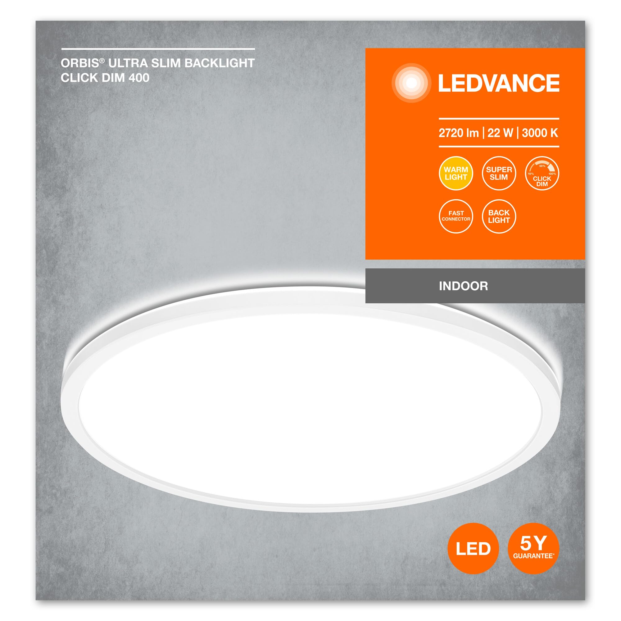 LEDVANCE ORBIS Ultra Slim Deckenleuchte 400mm, weiß, 22W, 2720lm, homogenes, warmweißes Licht (3000K) + Hintergrundlicht, dreistufige Dimmbarkeit über Wandschalter, ultraflach, Schutzklasse IP20