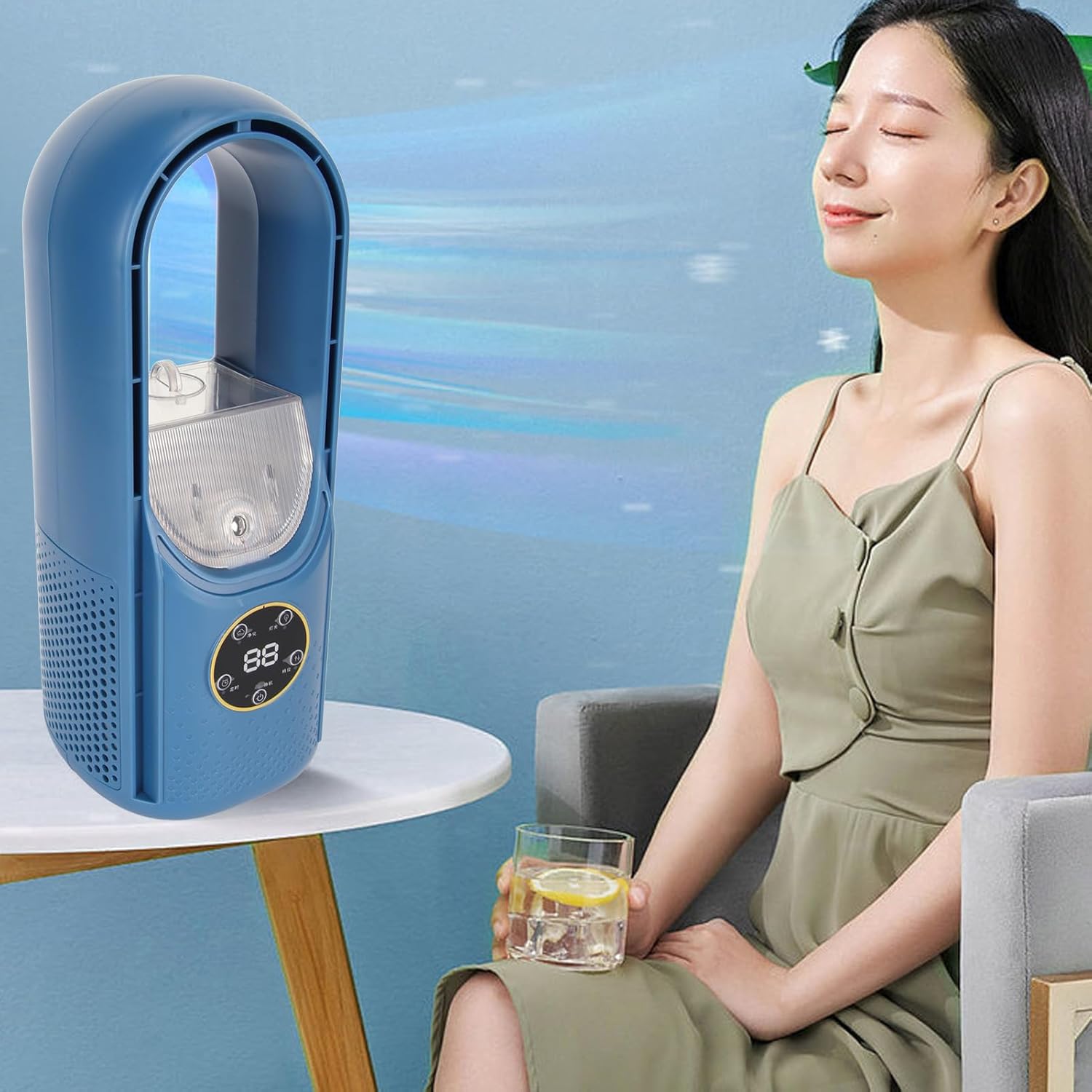 Vikye LED Light Vaneless Table Fan USB Powered, 6 Levels Speed, Humidifier Function, Timing Function, Portable Desk Fan for Office Dormitory