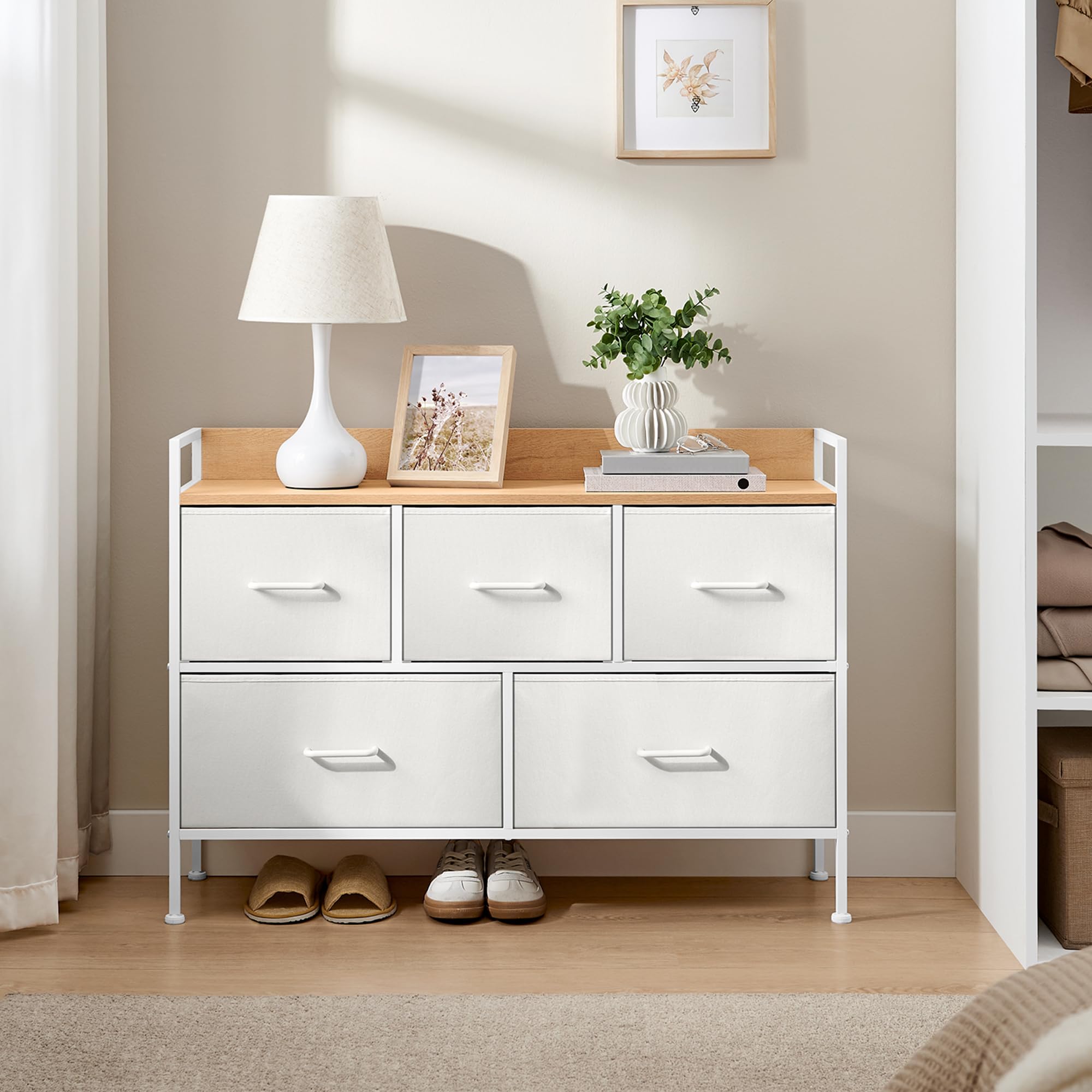 – SONGMICS Chest of Drawers for Bedroom, 5 Fabric Drawers with Handles, Storage Organiser Unit, for Living Room, Hallway, Steel Frame, Cloud White and Oak Beige LTS135W01