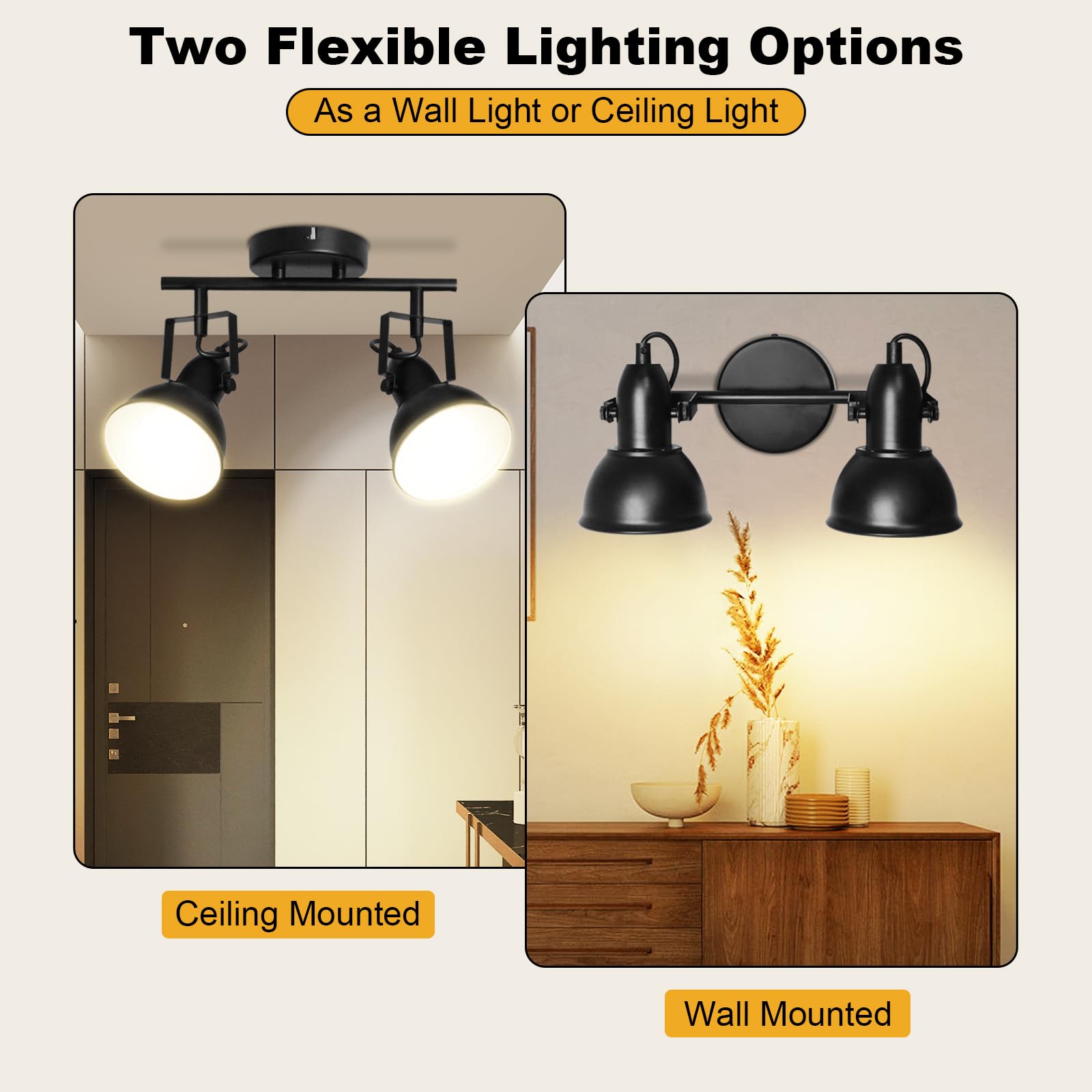 Unikcst 2 Way Spot Light Fittings for Ceilings Adjustable Black Wall Spotlights with E27 Base Kitchen Spot Lights Vintage Ceiling Light Bar for Indoor Hallway Lounge Office No Bulbs - Image 2