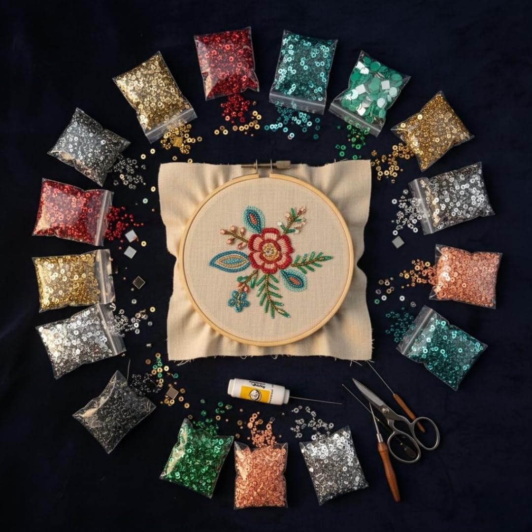 KHUSHA CREATIONS Premium DIY Beads & Embroidery Kit with Wooden Hoop, Needles, Threads, Sequins, Beads, Glass Kundan, Mirrors, & Tools – Complete Craft Set for Beginners, Kids & Adults 4