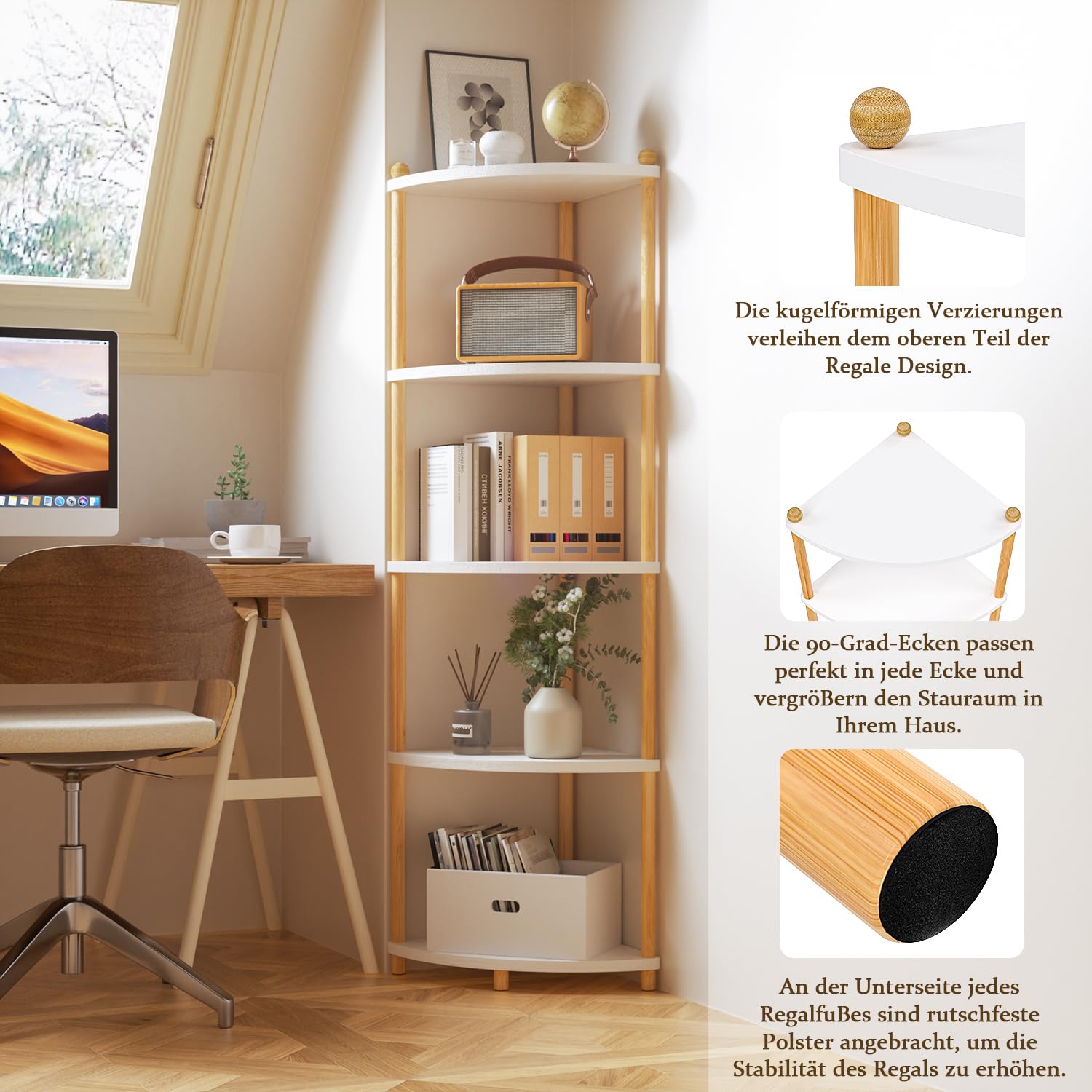 Eckregal stehend mit 5 Ebenen, bücherregal, Standregal, Aufbewahrungsregal, Lagerregal für Küche, Bad, Wohnzimmer, Büro, 143.5 x 29 x 29 cm, Weiß